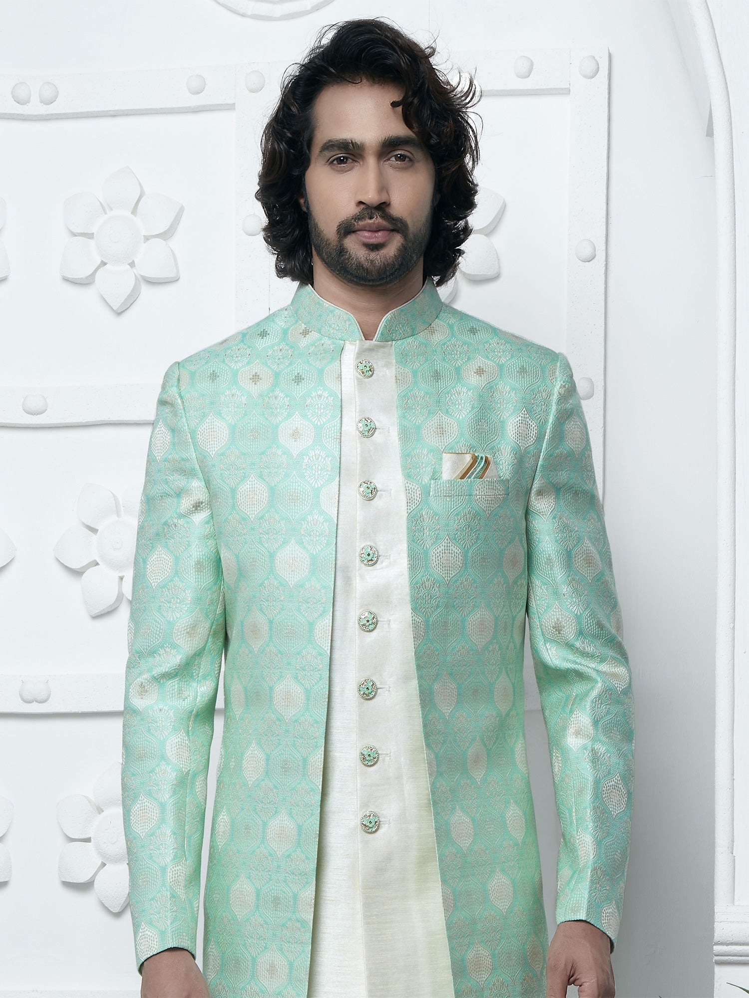 Mint Green Self Woven Jacketed Style Mens Indowestern