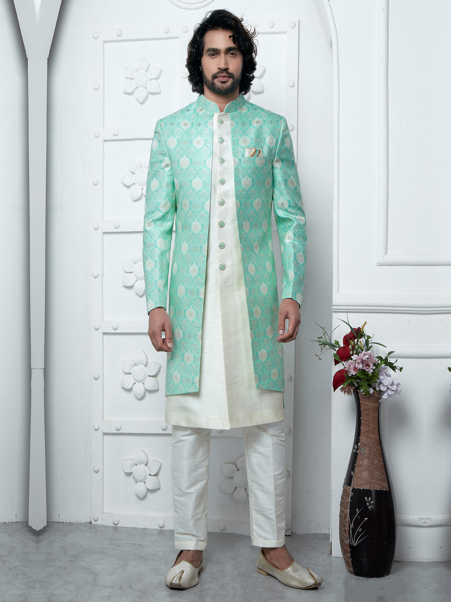 Mint Green Self Woven Jacketed Style Mens Indowestern
