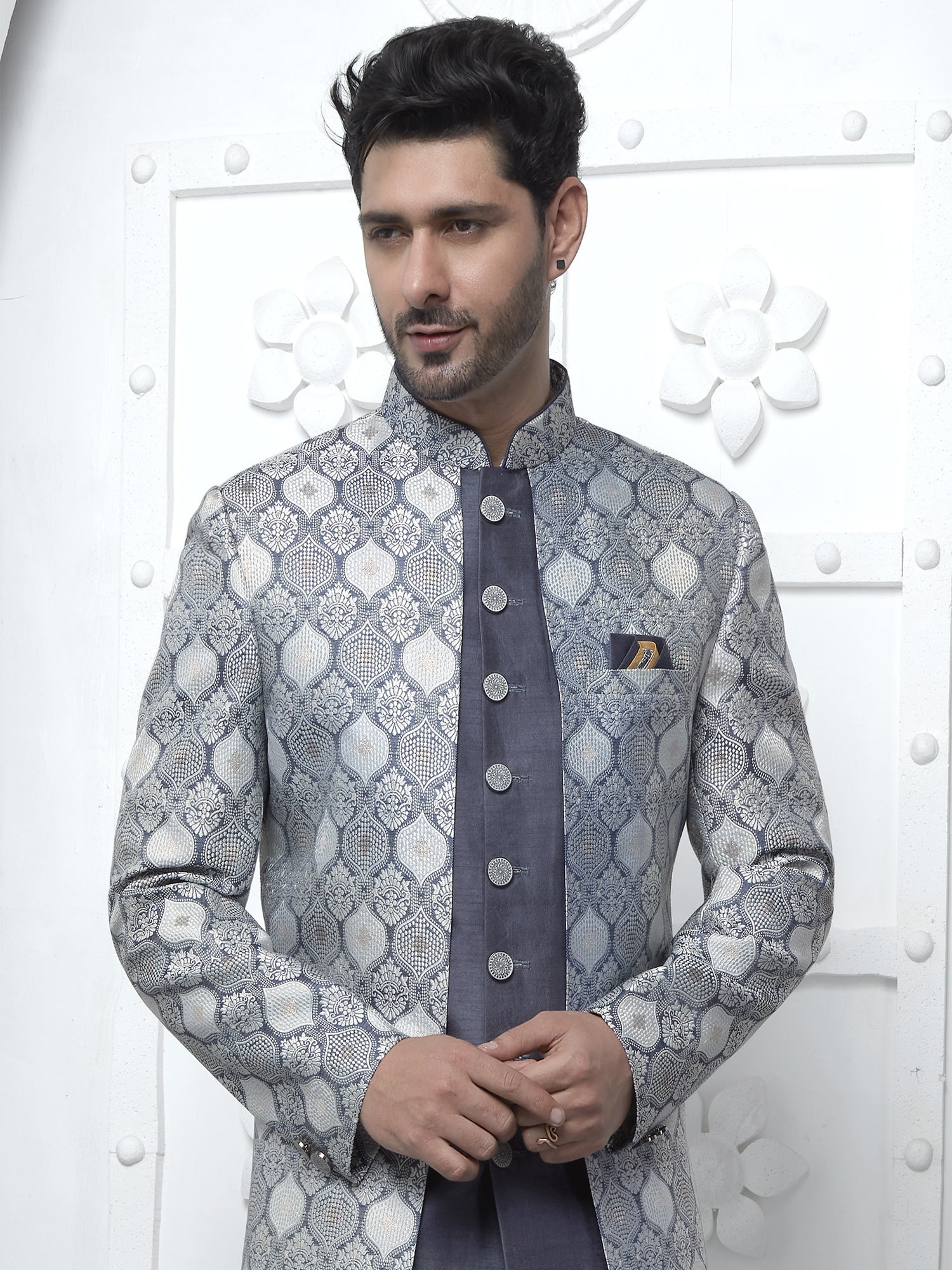 Grey Achkan Styled Mens Self Woven Indowestern In Silk