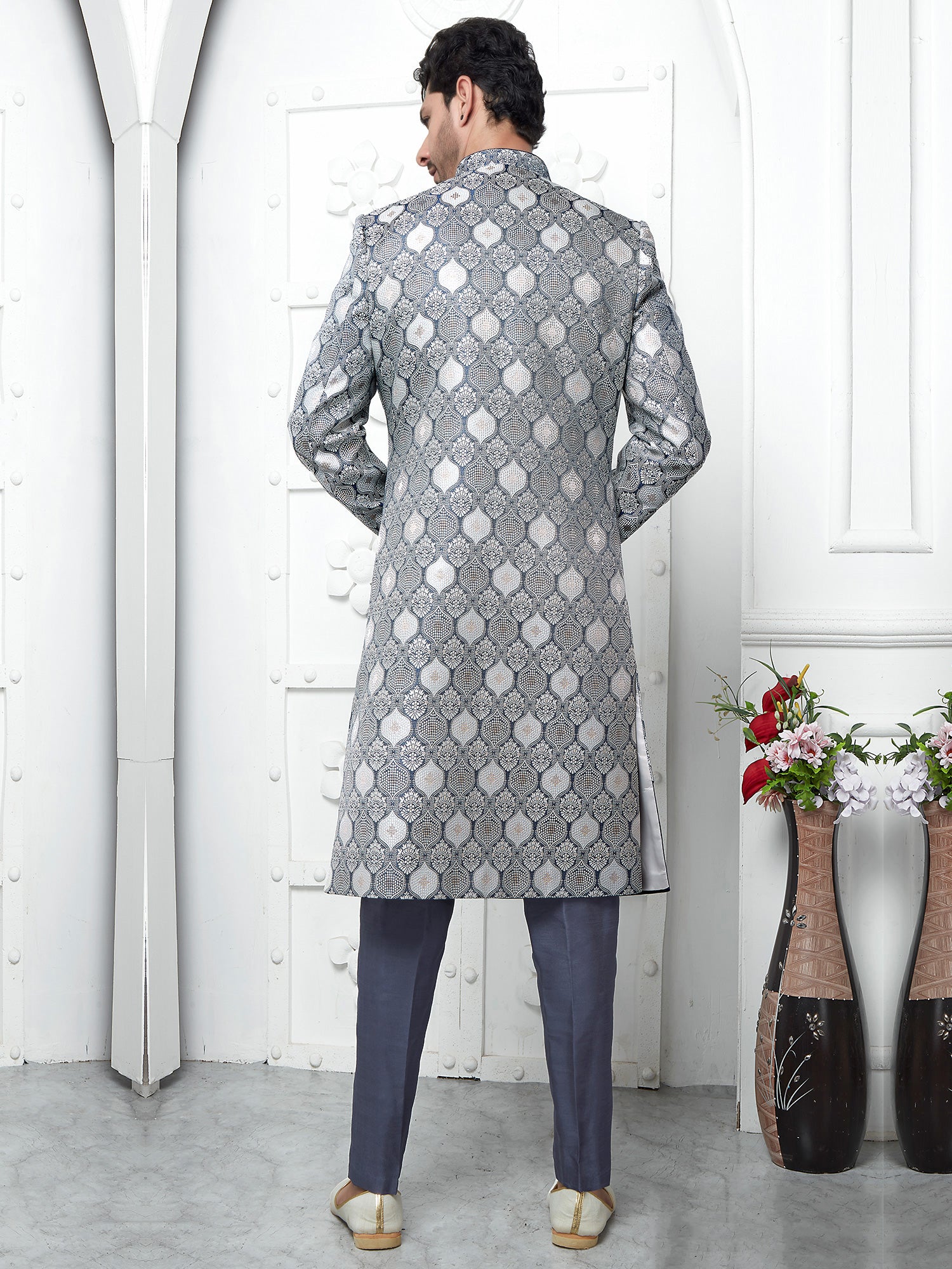 Grey Achkan Styled Mens Self Woven Indowestern In Silk