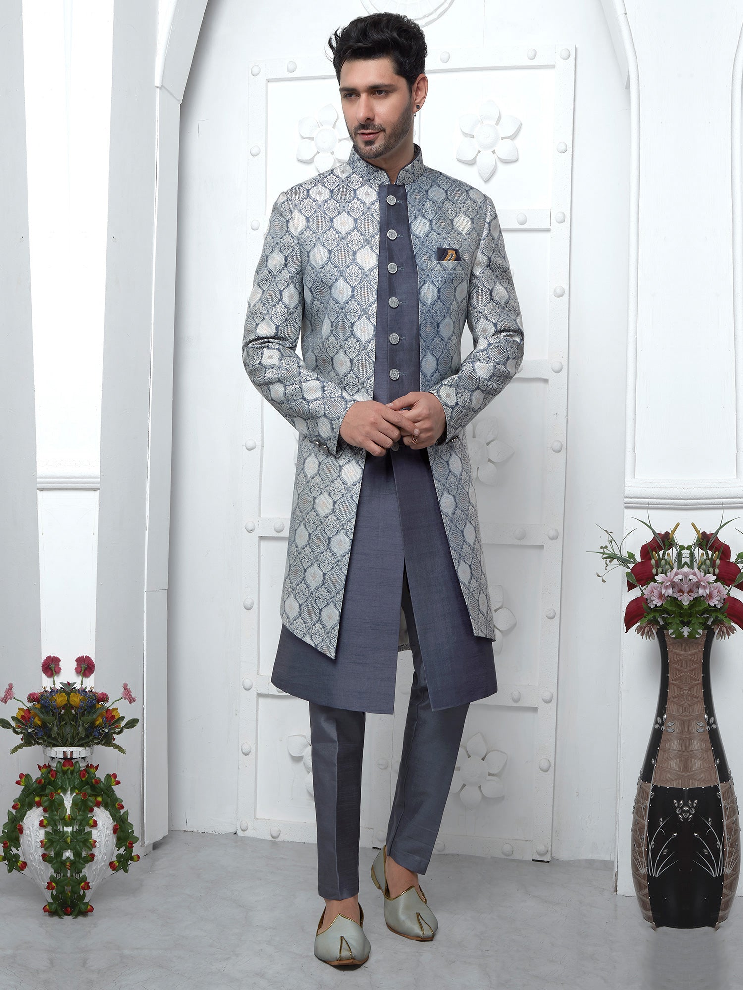 Grey Achkan Styled Mens Self Woven Indowestern In Silk