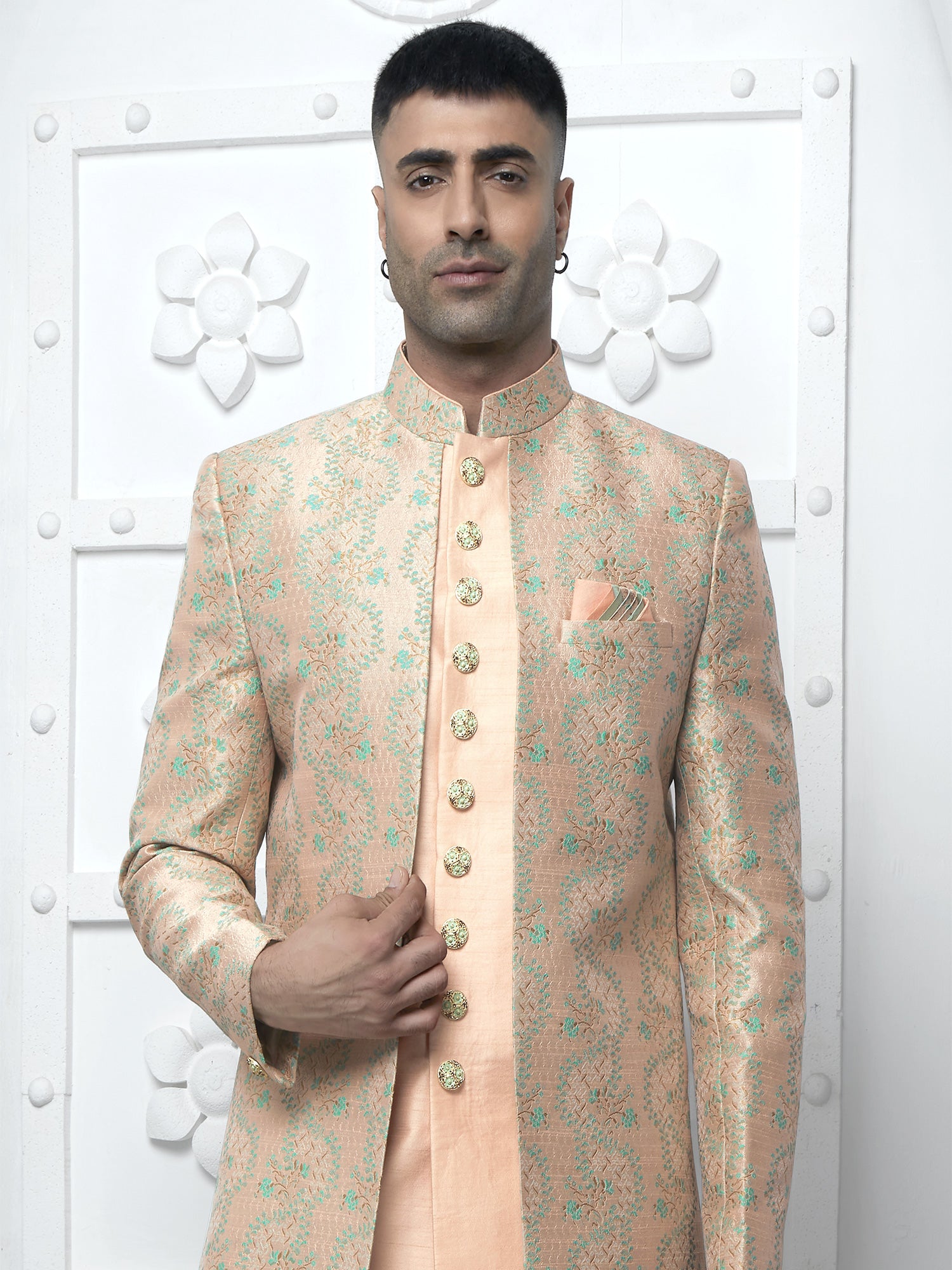 Baby Peach Layered Pattern Indowestern For Mens