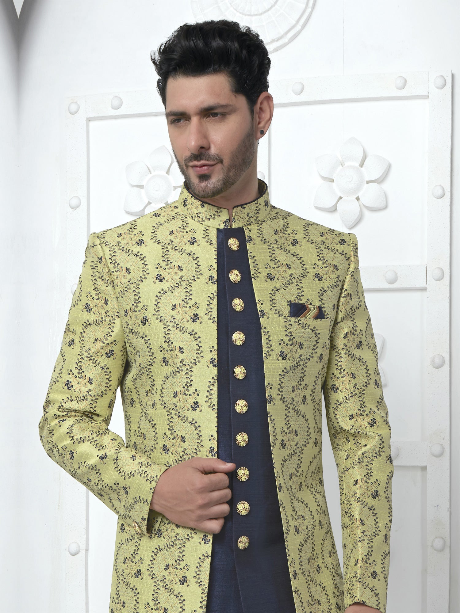 Olive Green Floral Woven Jackted Style Mens Indowestern