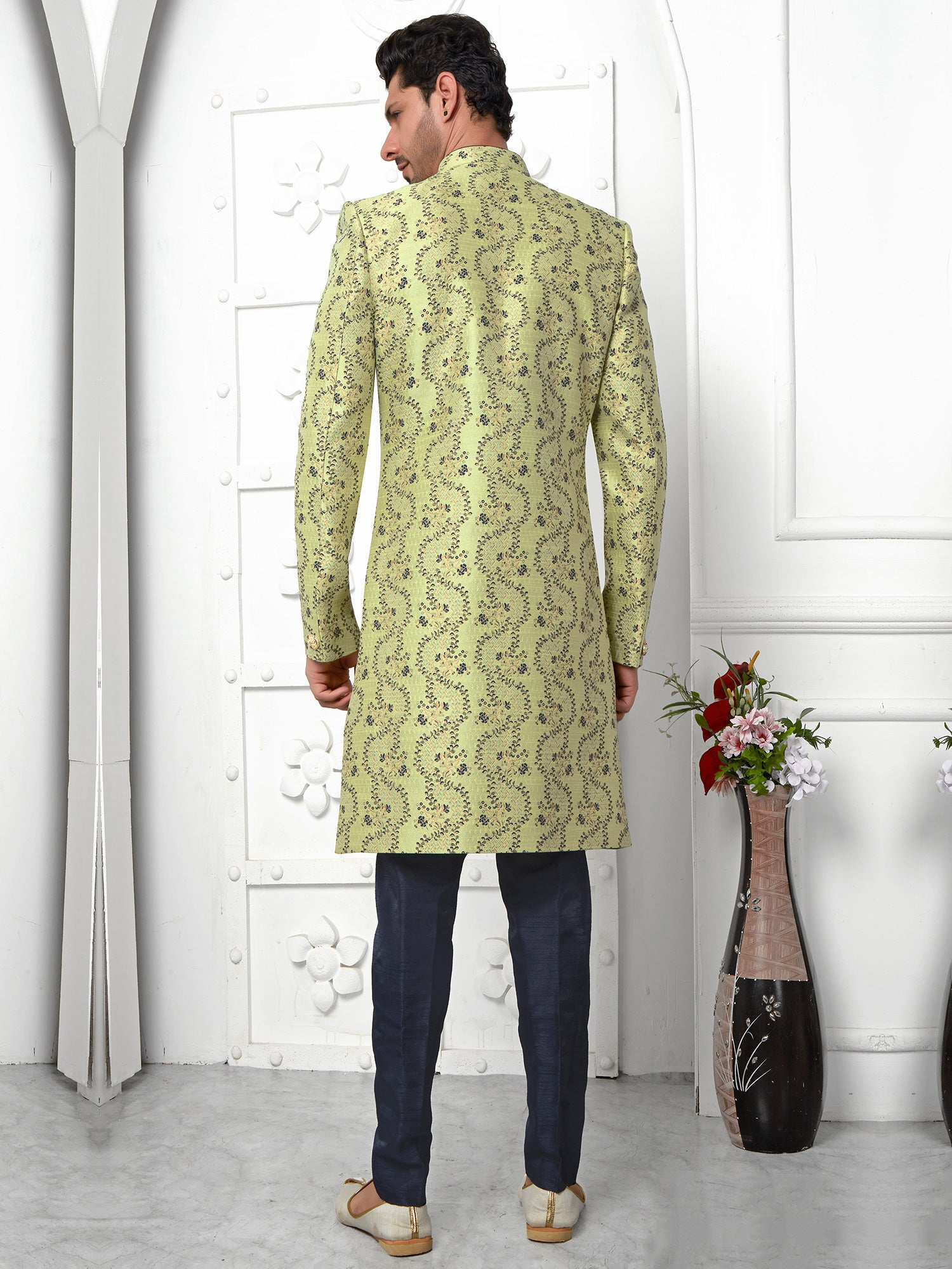 Olive Green Floral Woven Jackted Style Mens Indowestern