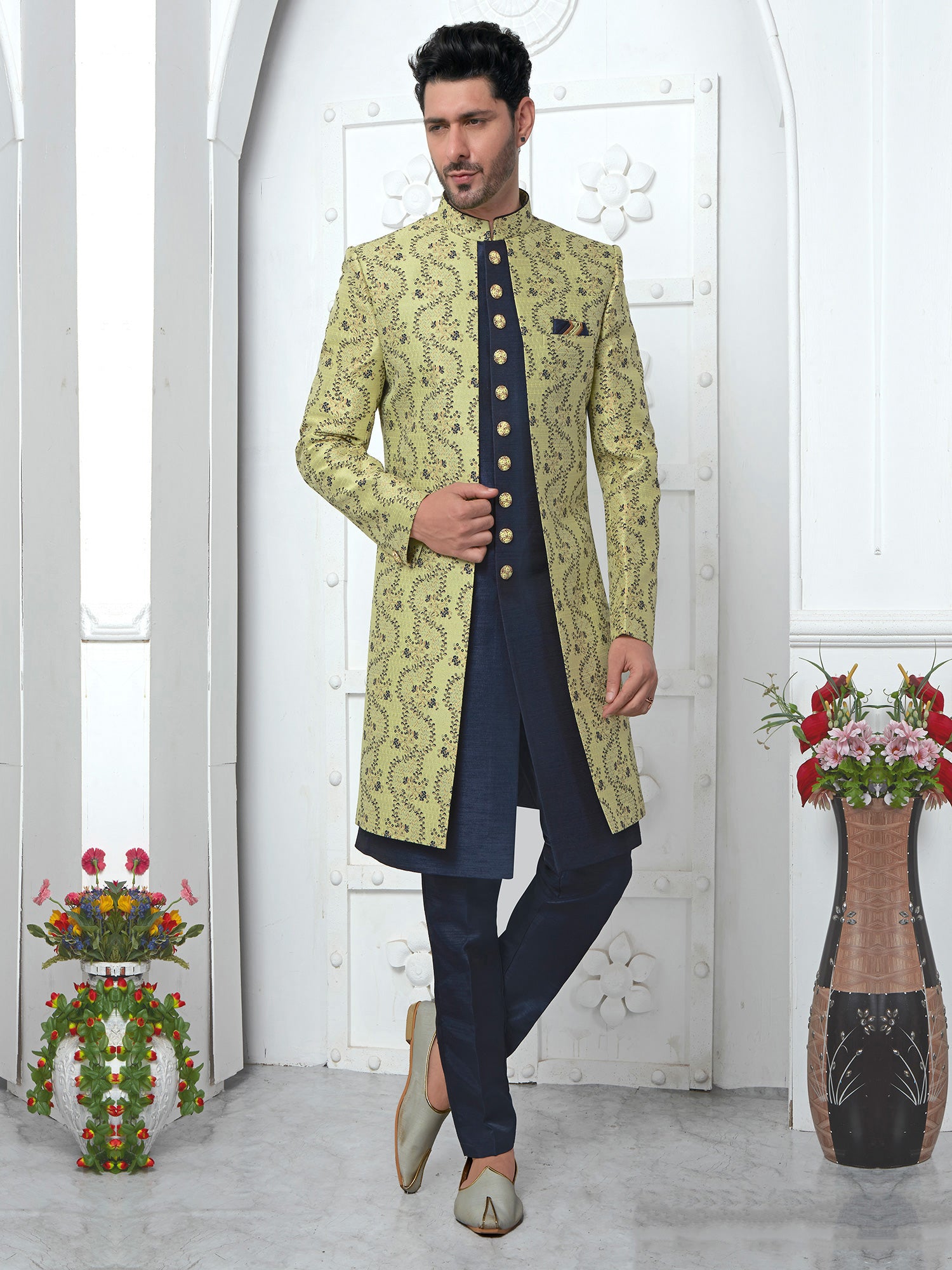 Olive Green Floral Woven Jackted Style Mens Indowestern