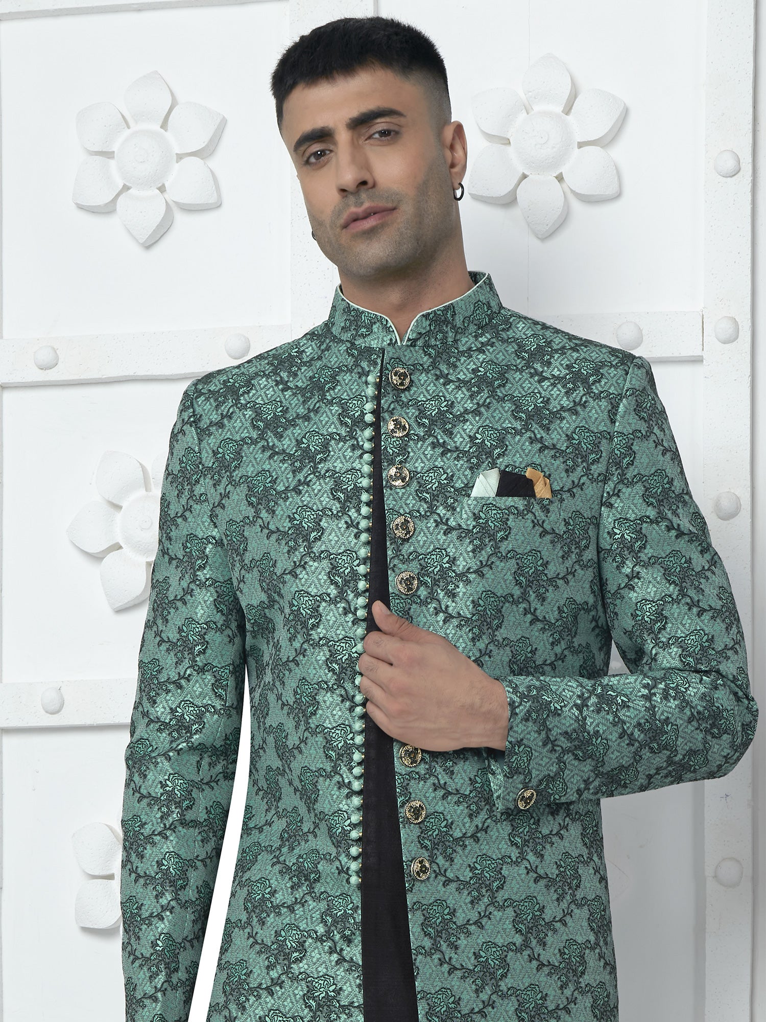 Teal Green Jacketed Style Mens Indowestern In Silk