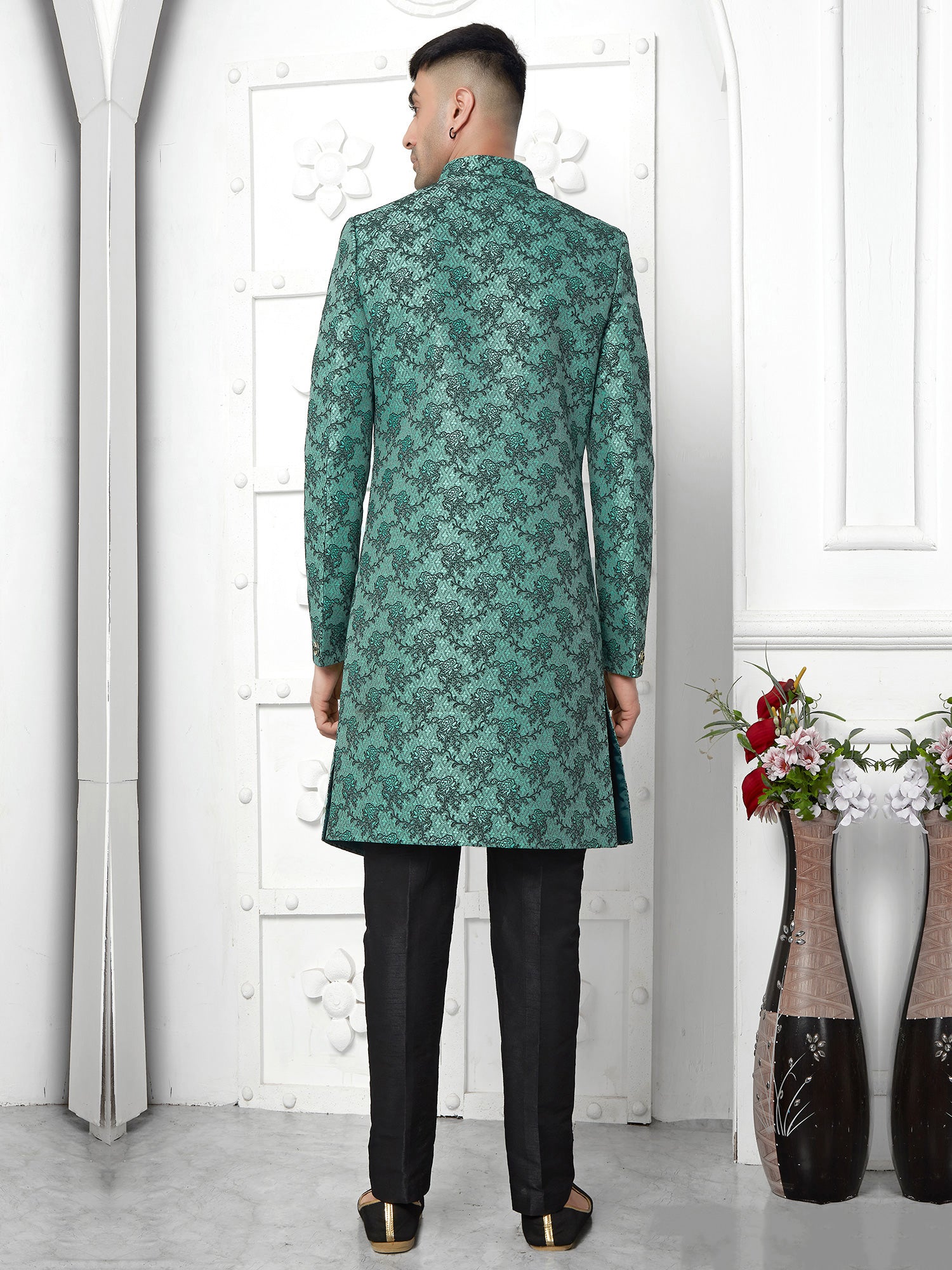 Teal Green Jacketed Style Mens Indowestern In Silk