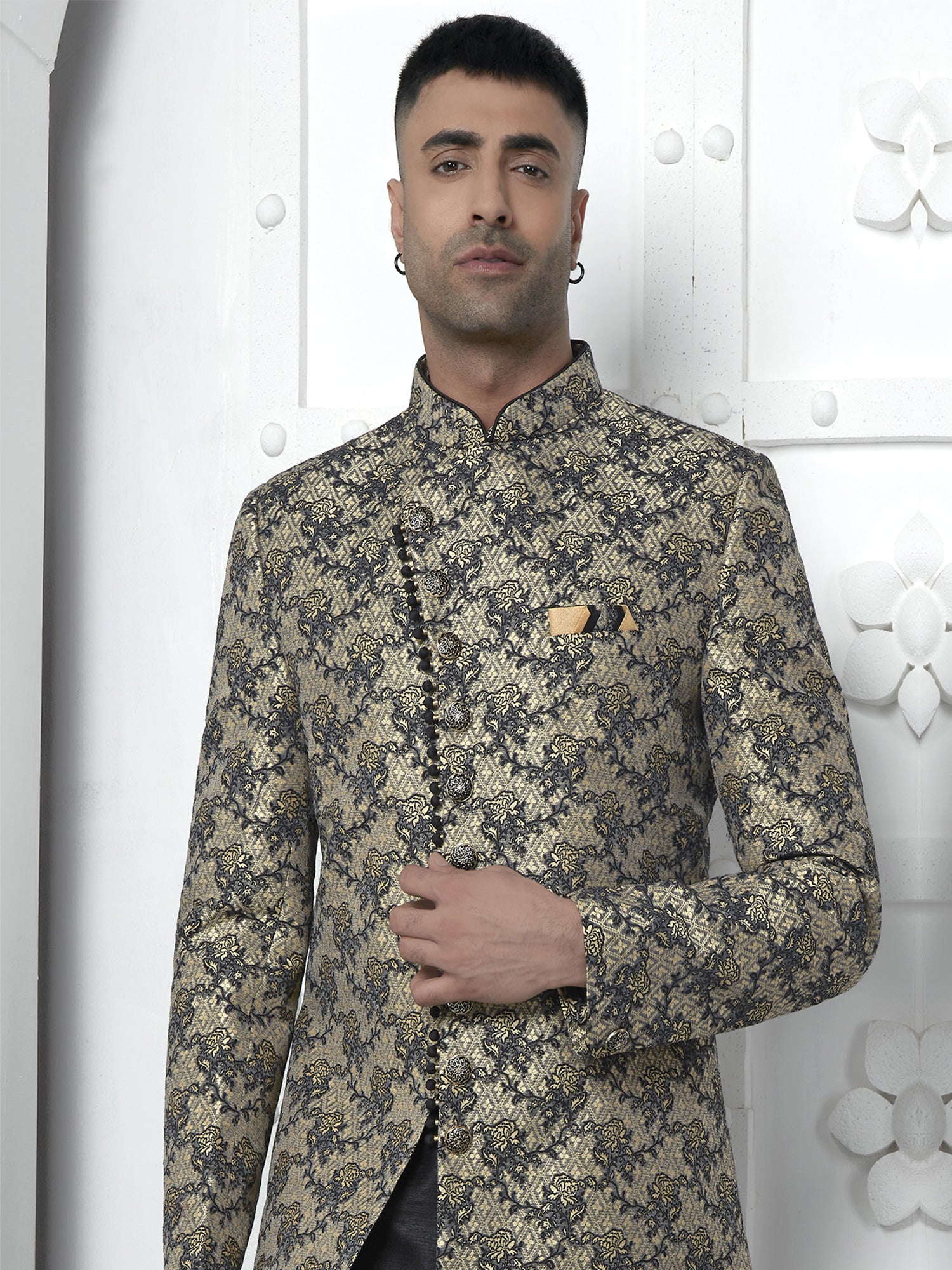 Black Wedding Mens Jackted Indowestern Set In Silk