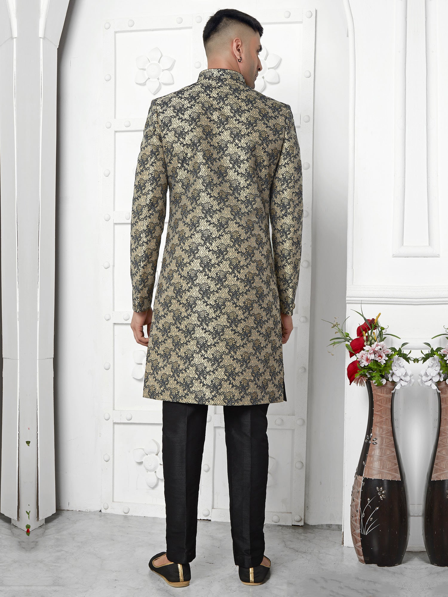 Black Wedding Mens Jackted Indowestern Set In Silk