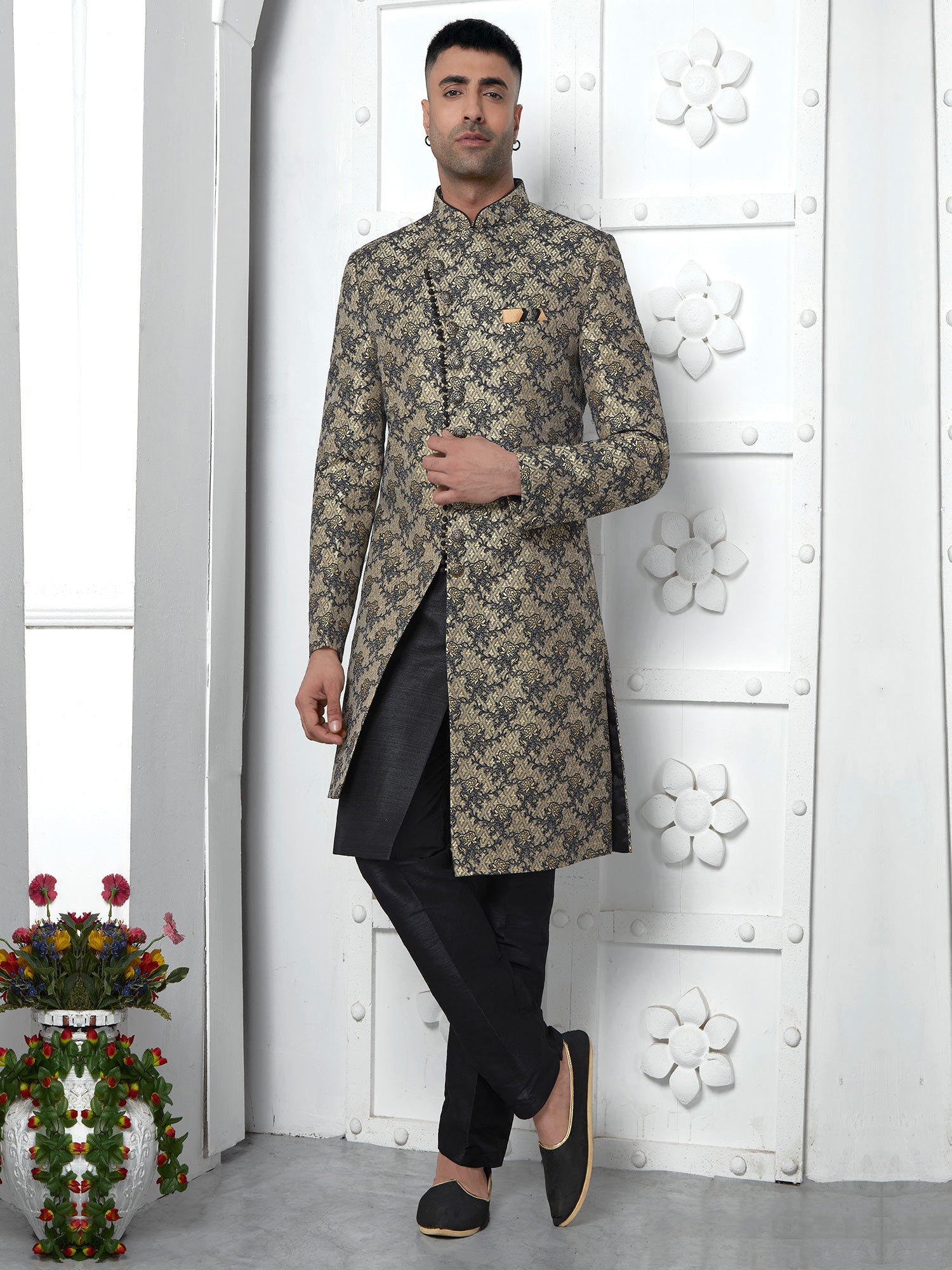 Black Wedding Mens Jackted Indowestern Set In Silk
