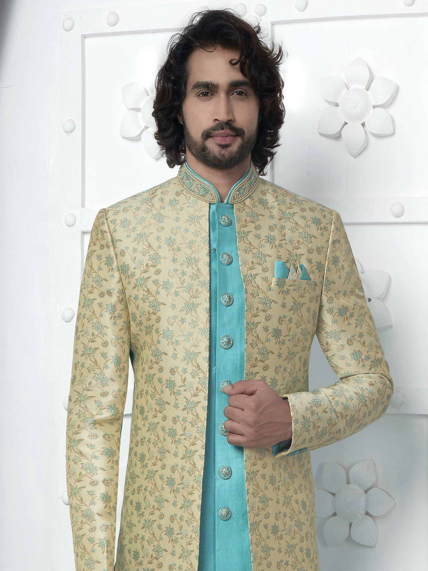 Turquoise Floral Woven Mens Jacketed Indowestern