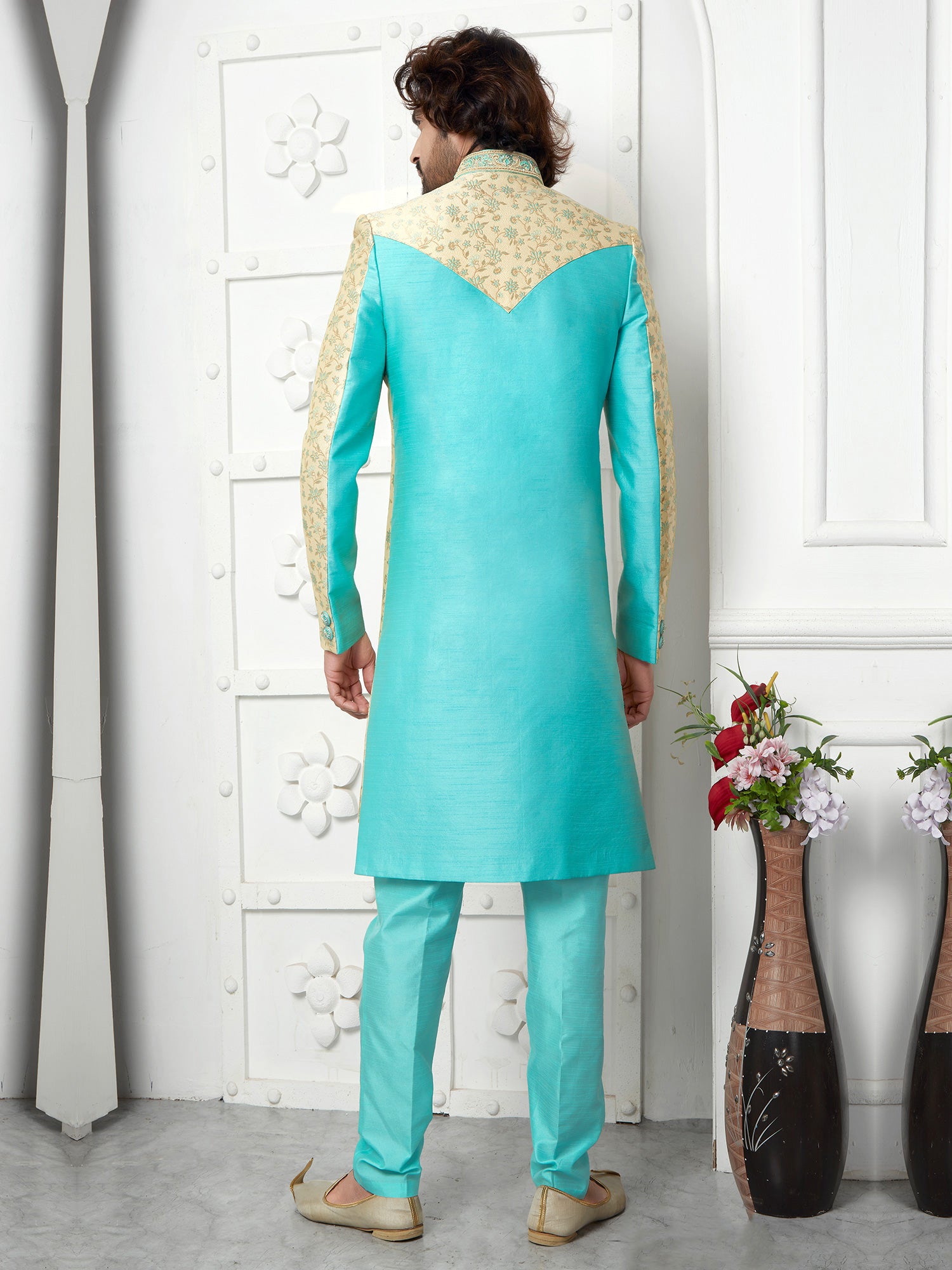 Turquoise Floral Woven Mens Jacketed Indowestern