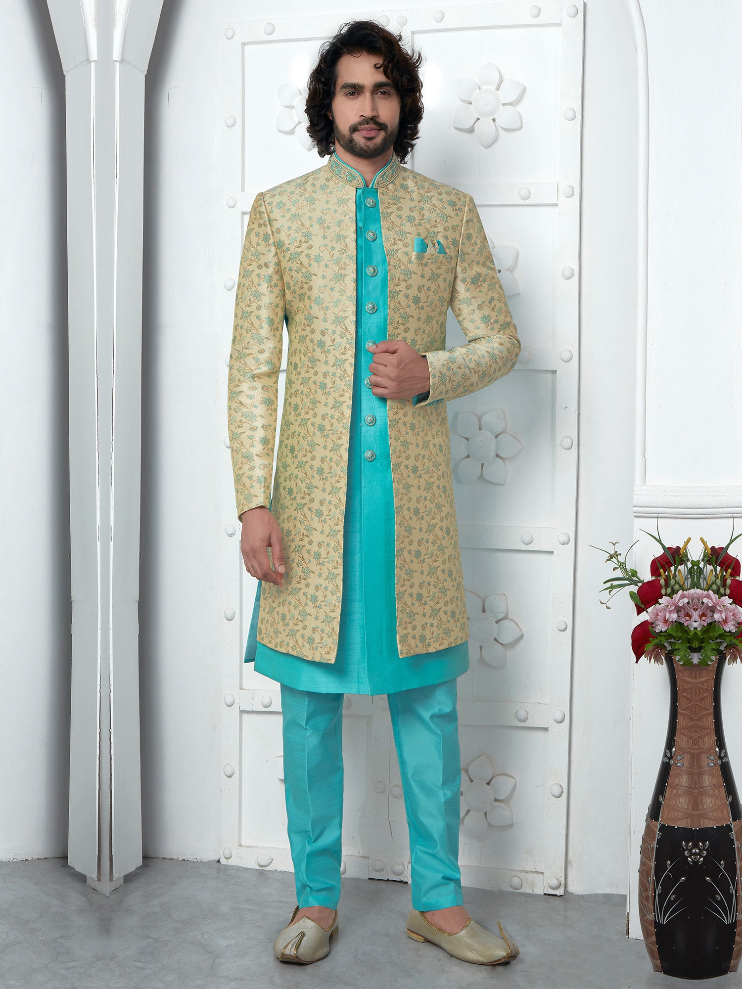 Turquoise Floral Woven Mens Jacketed Indowestern