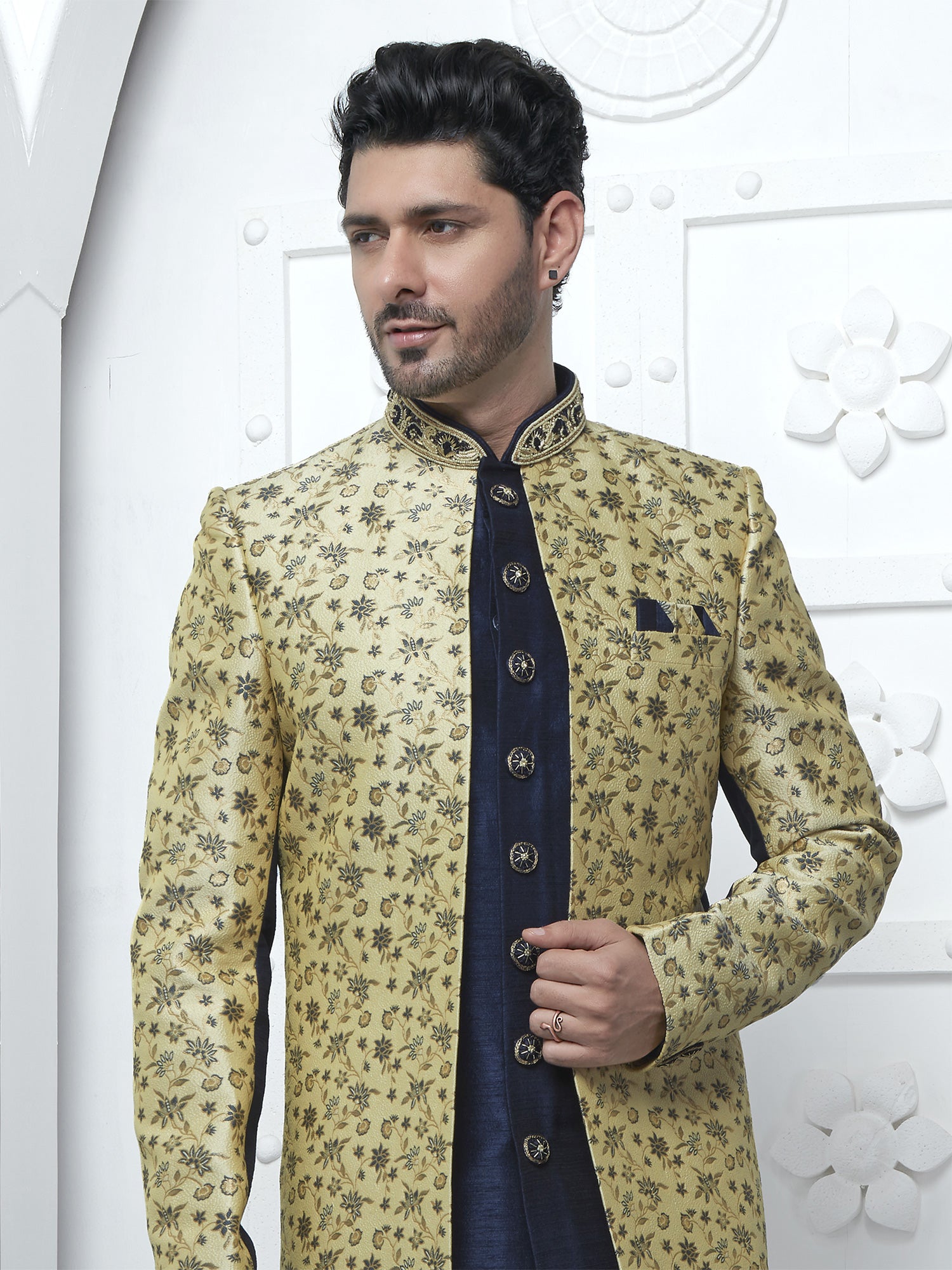 Navy Blue Jacketed Style Mens Indowestern In Floral Woven