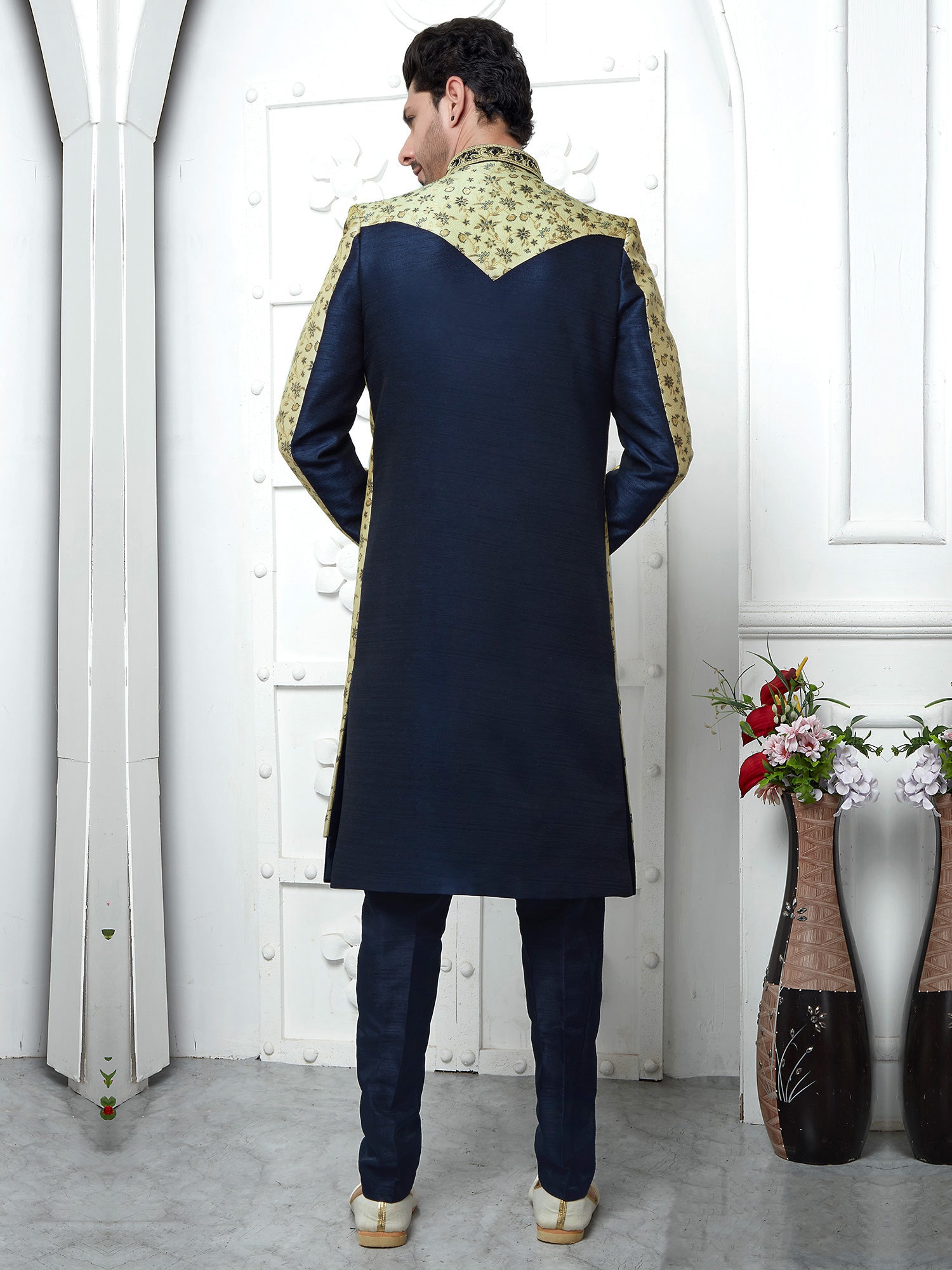Navy Blue Jacketed Style Mens Indowestern In Floral Woven