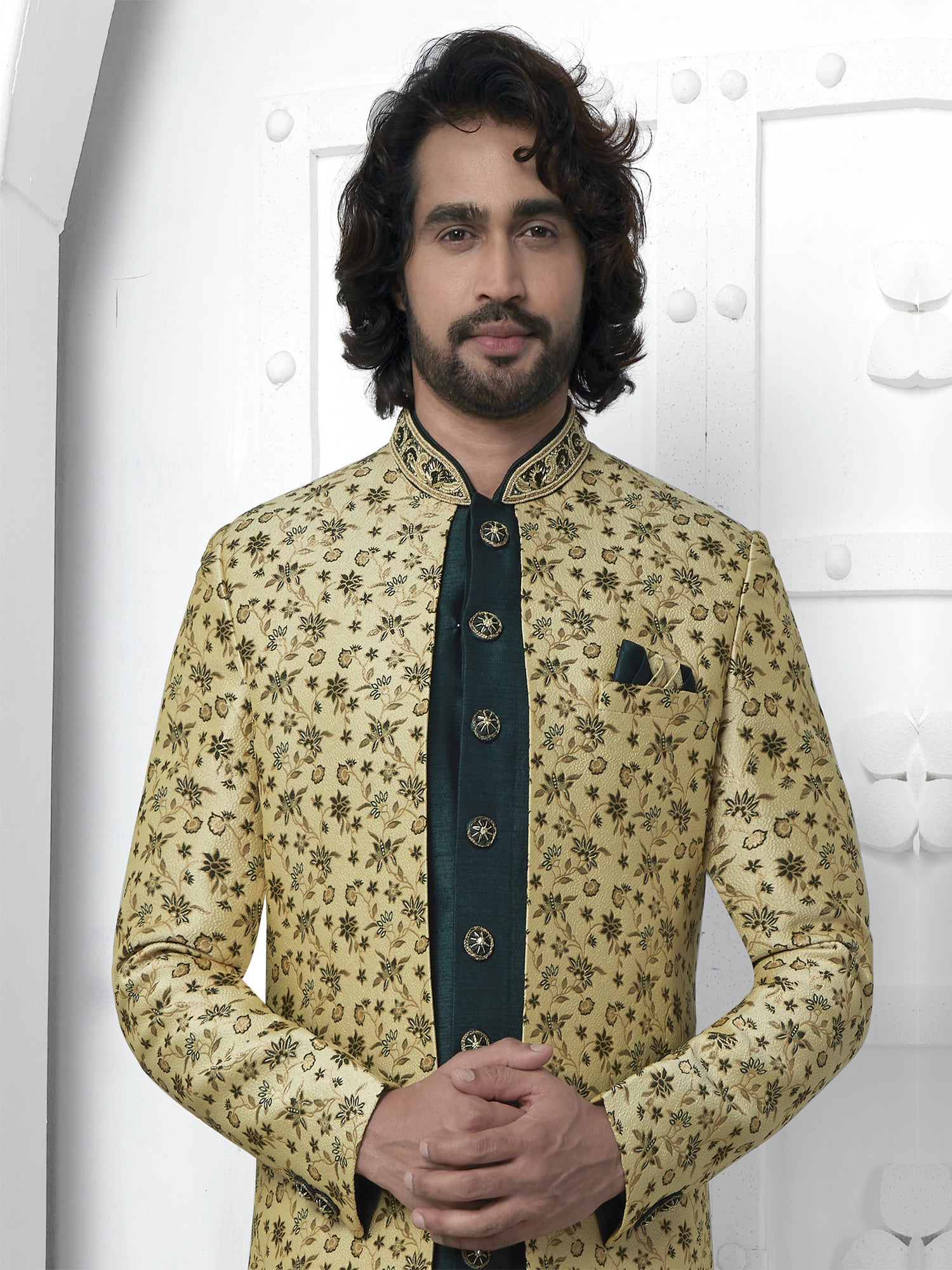 Rama Green Floral Motif Embellished Mens Indowestern