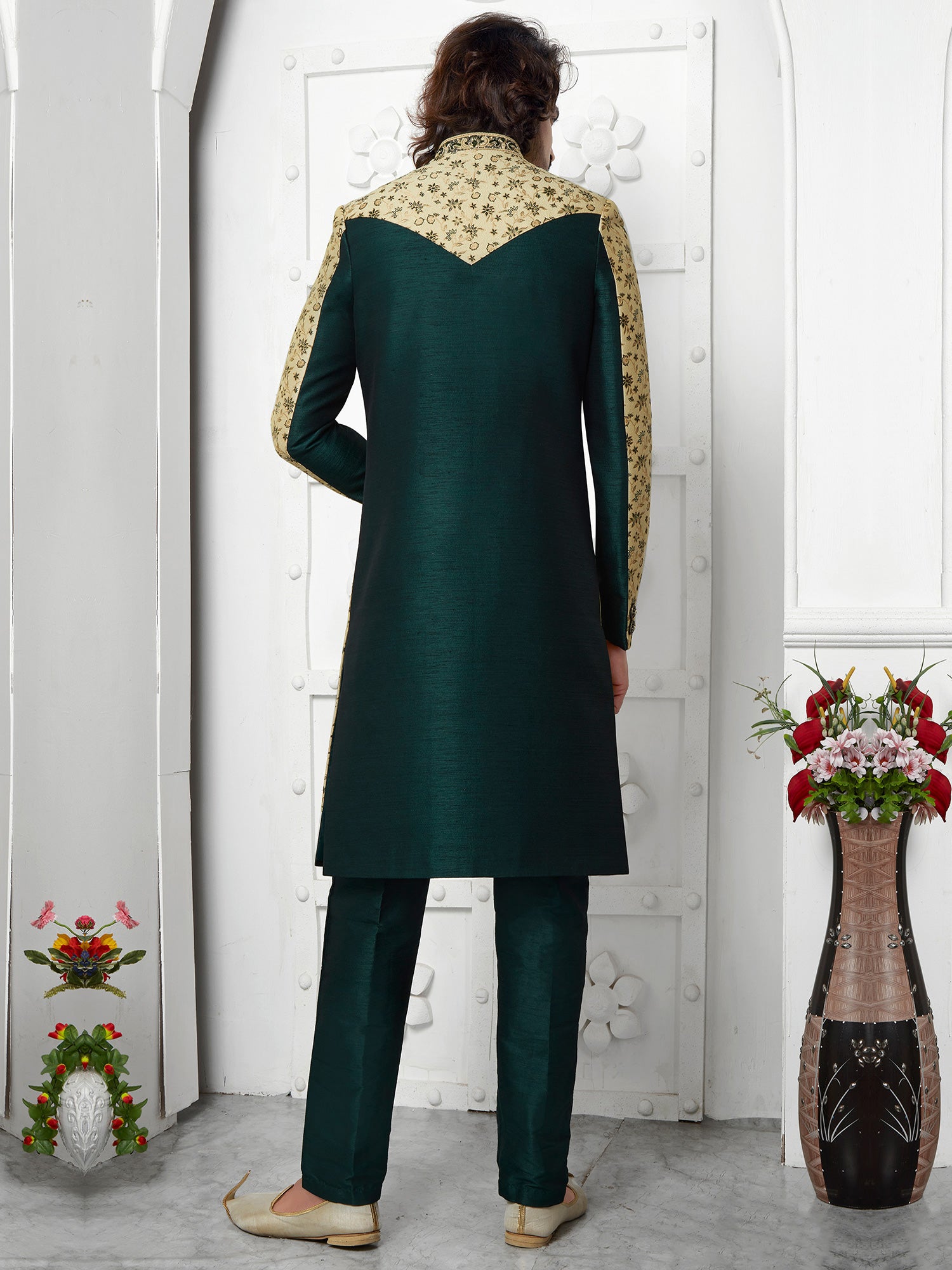 Rama Green Floral Motif Embellished Mens Indowestern
