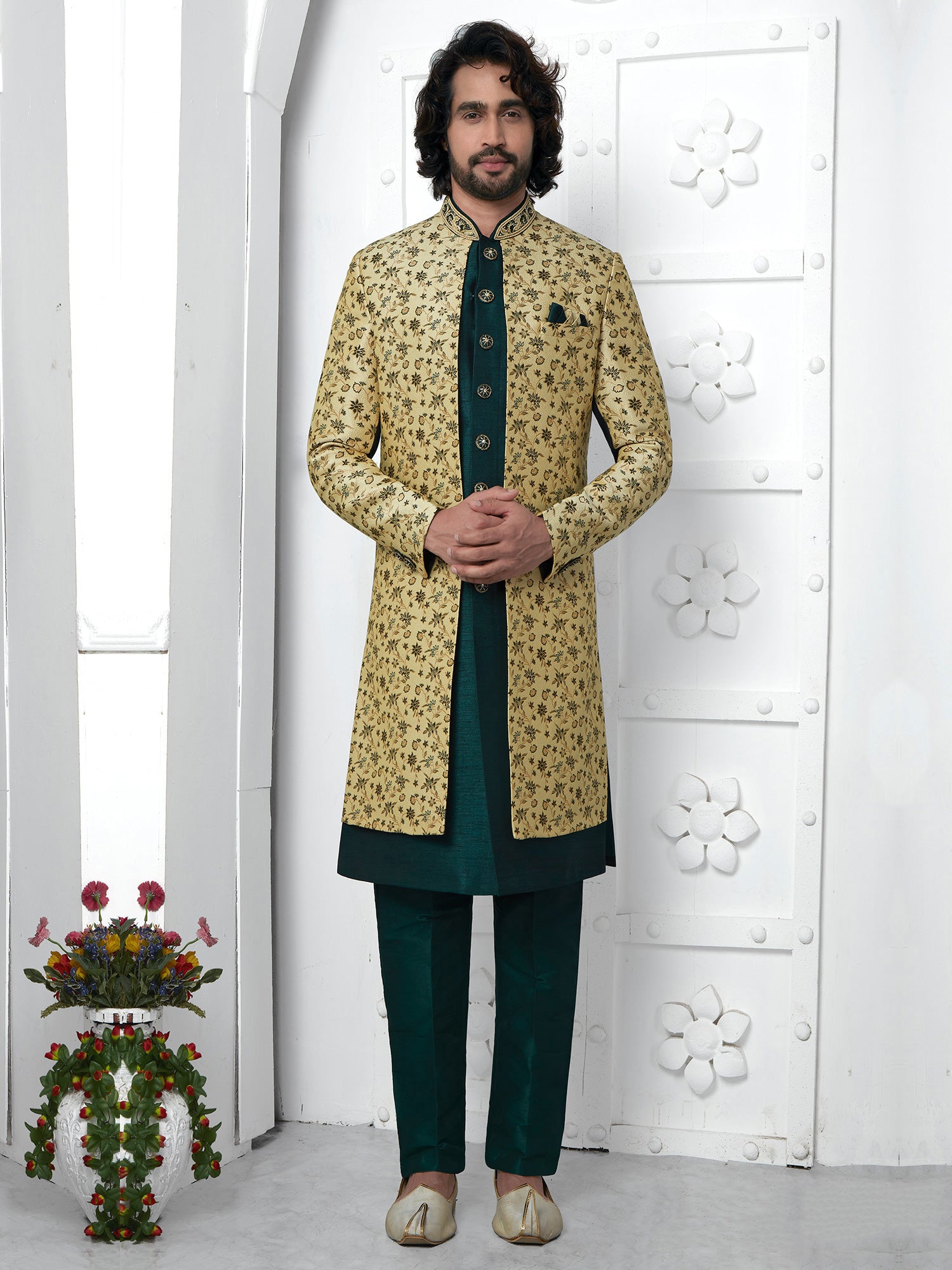 Rama Green Floral Motif Embellished Mens Indowestern