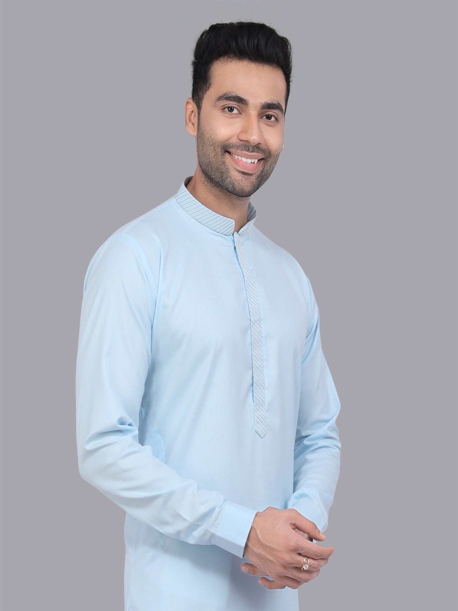 Light Blue Mens Plain Kurta Set For Mens In Silk