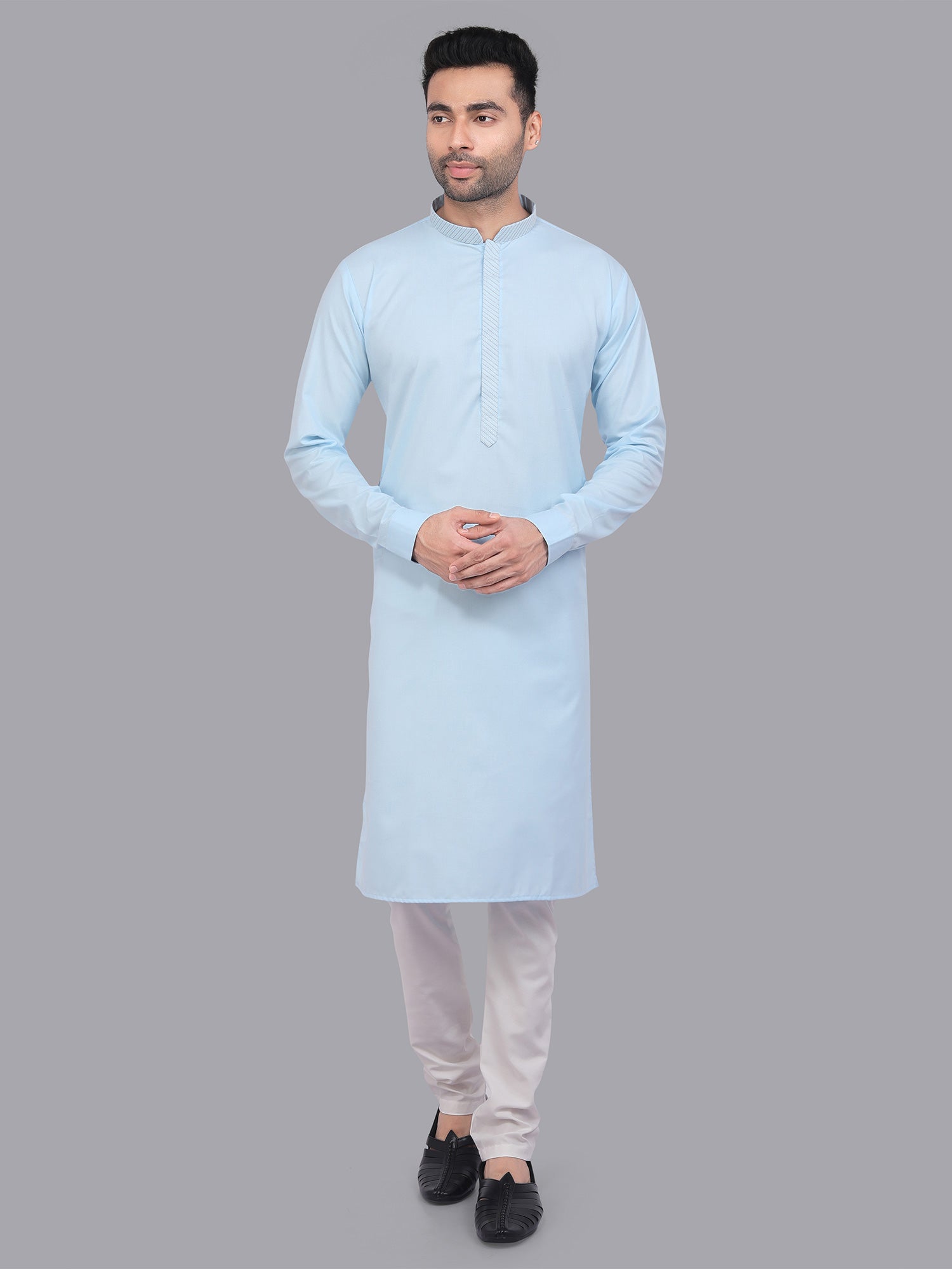 Light Blue Mens Plain Kurta Set For Mens In Silk