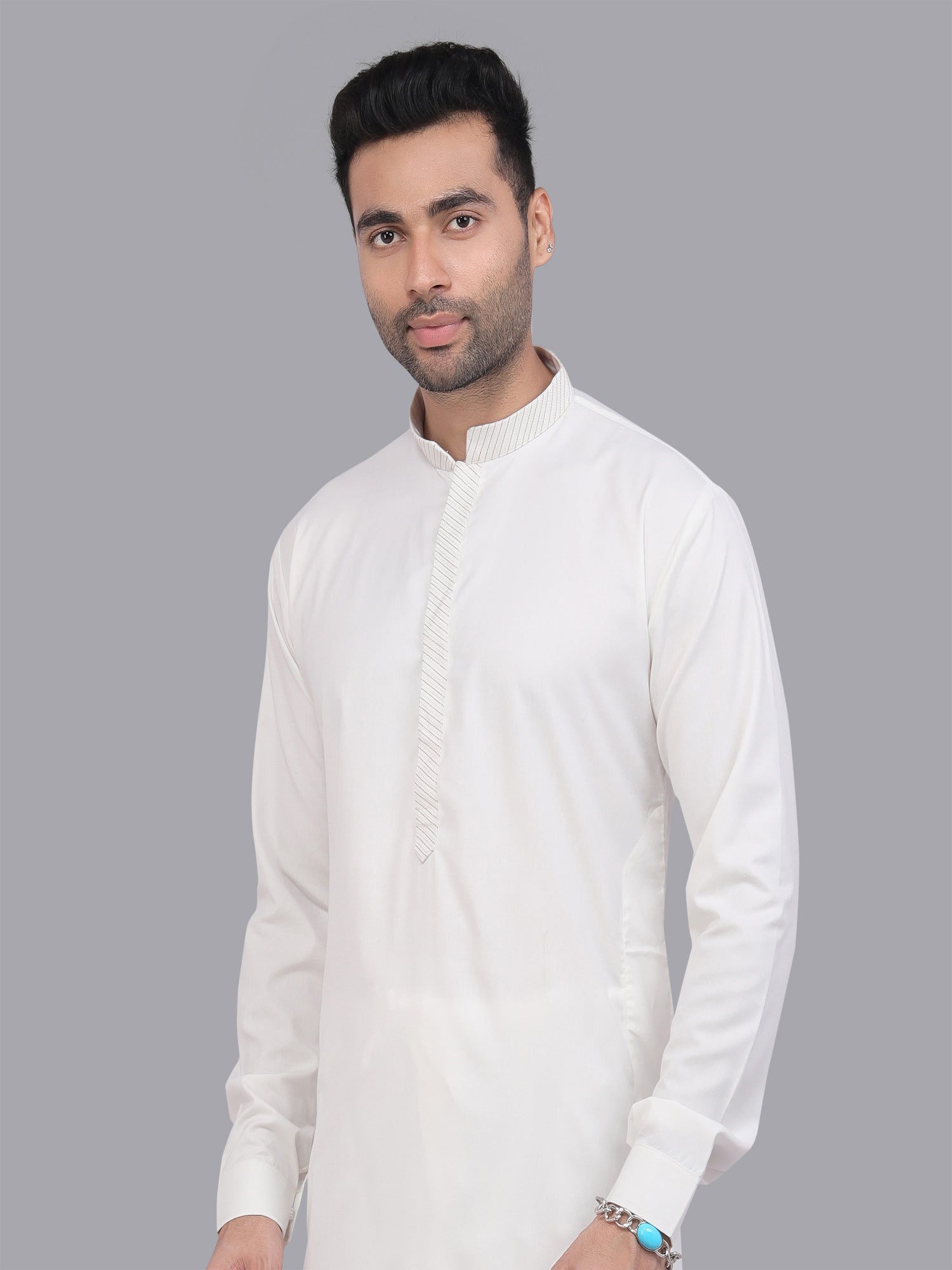 Bright White Plain Kurta Set In Art Silk With Banded Collar