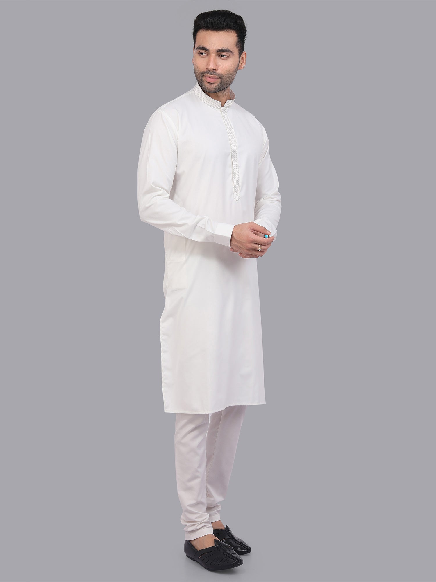 Bright White Plain Kurta Set In Art Silk With Banded Collar
