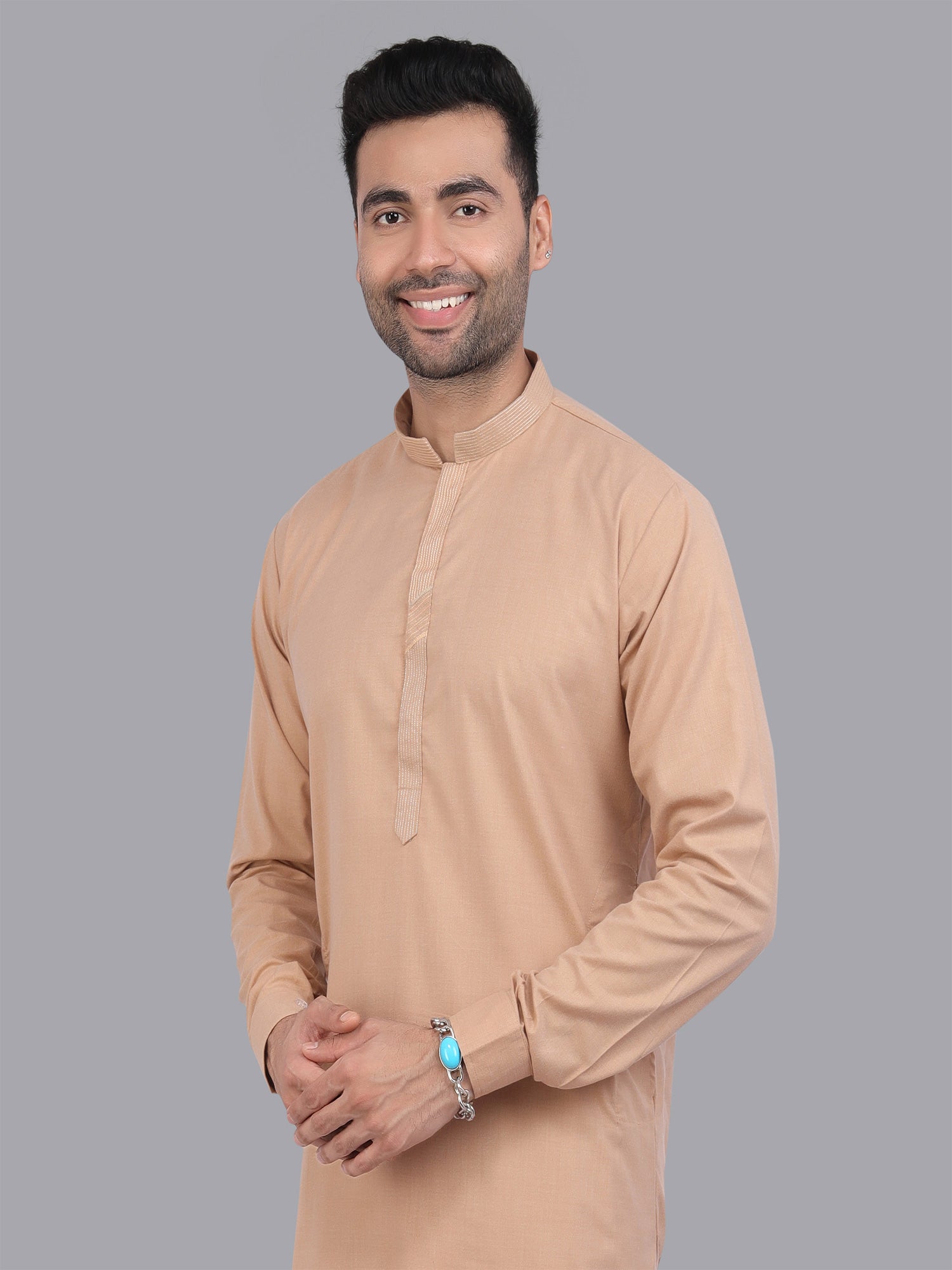 Light Beige Mens Plain Kurta Pyjama In Art Silk