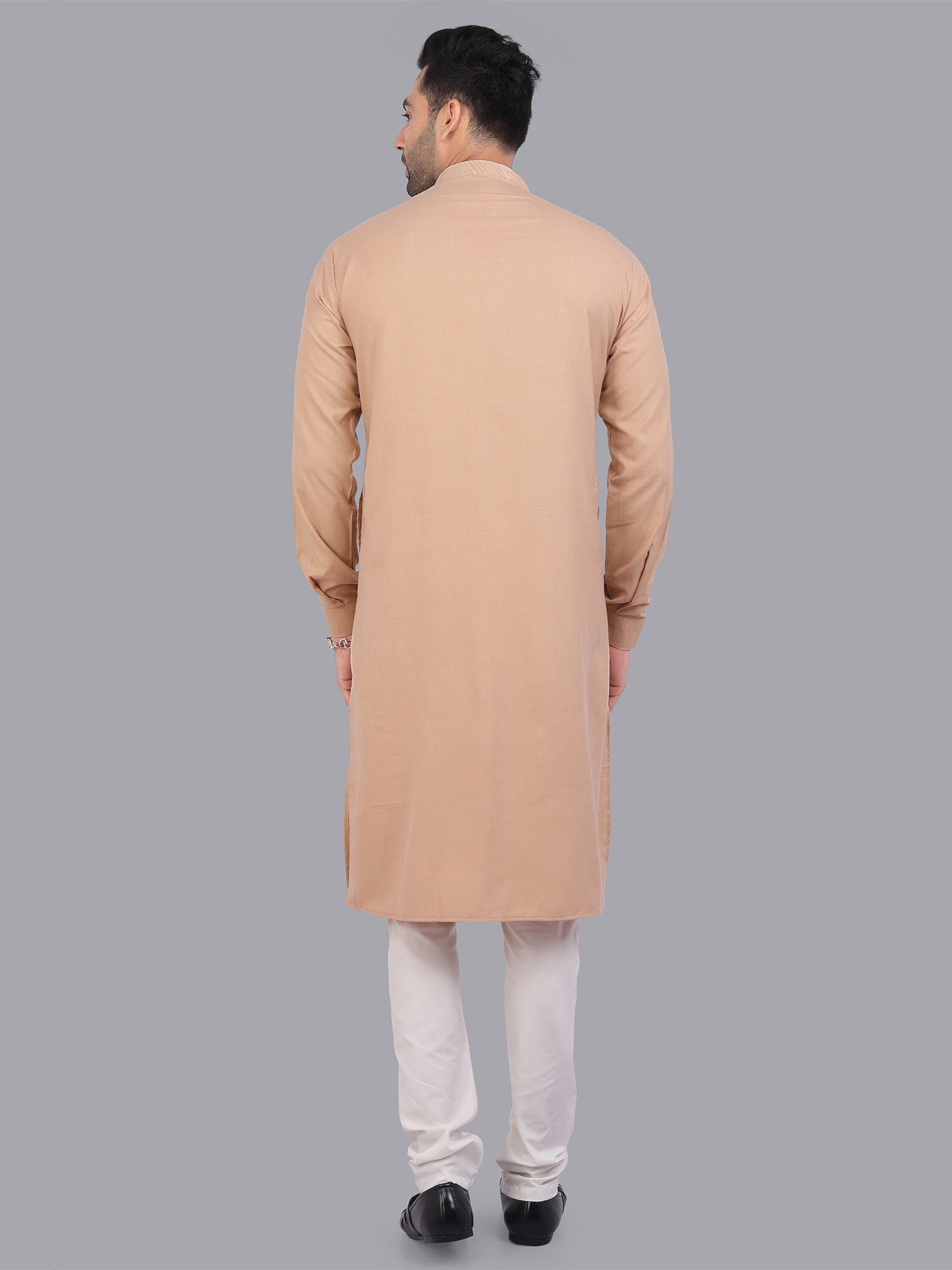 Light Beige Mens Plain Kurta Pyjama In Art Silk