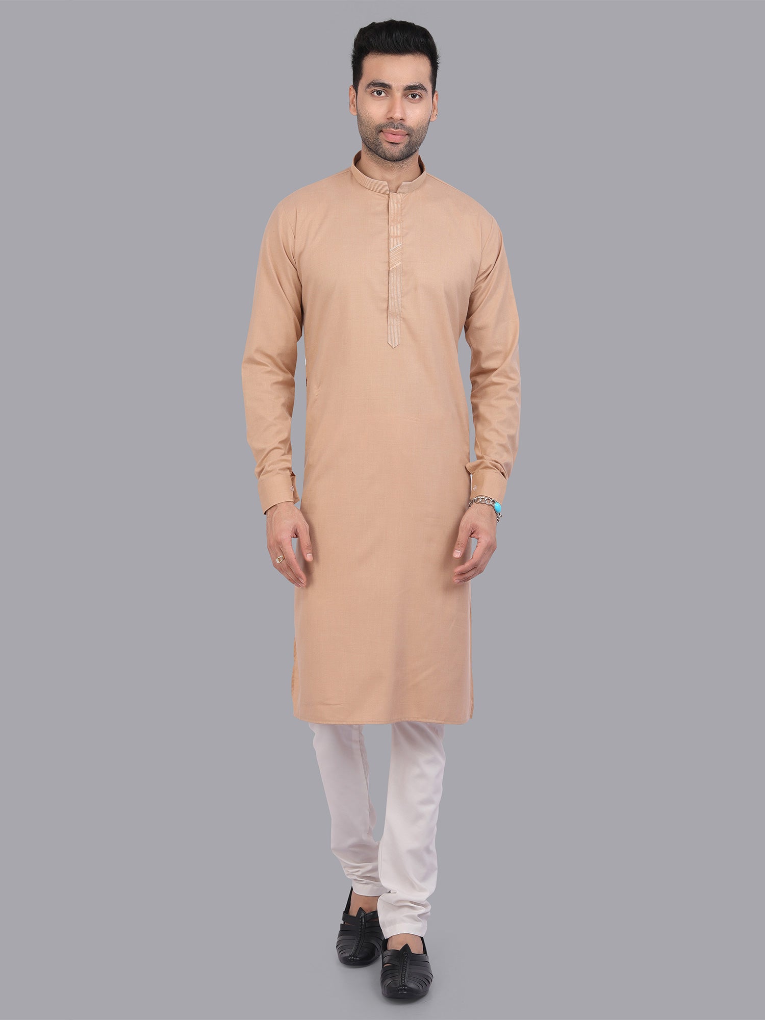 Light Beige Mens Plain Kurta Pyjama In Art Silk