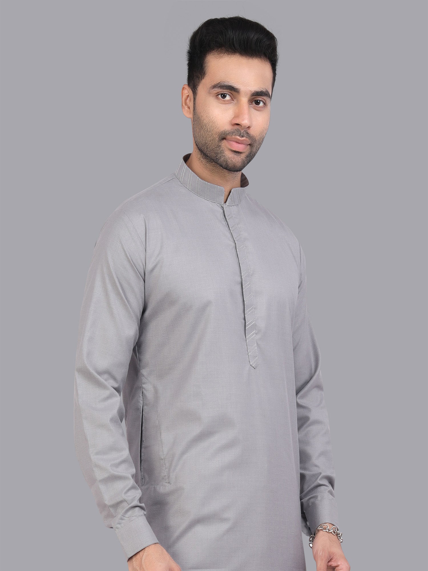 Grey Banded Collar Styled Mens Plain Kurta Pyjama Set