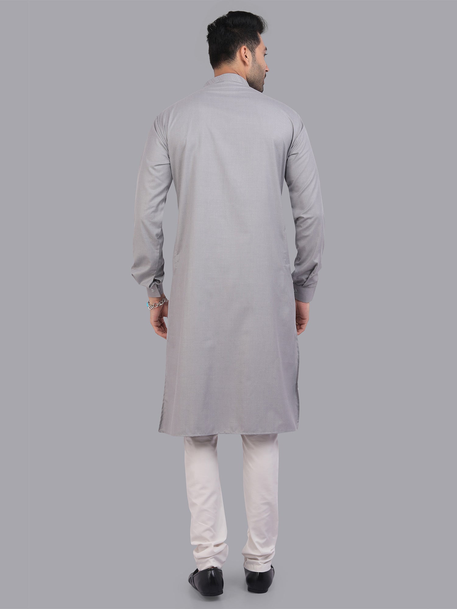 Grey Banded Collar Styled Mens Plain Kurta Pyjama Set