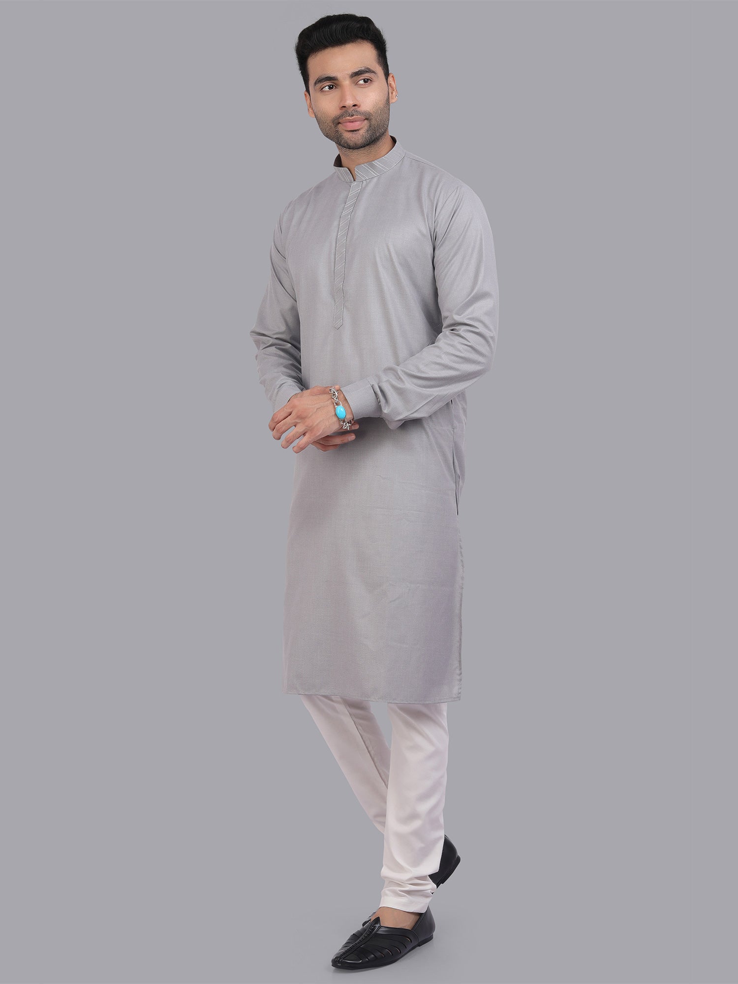 Grey Banded Collar Styled Mens Plain Kurta Pyjama Set