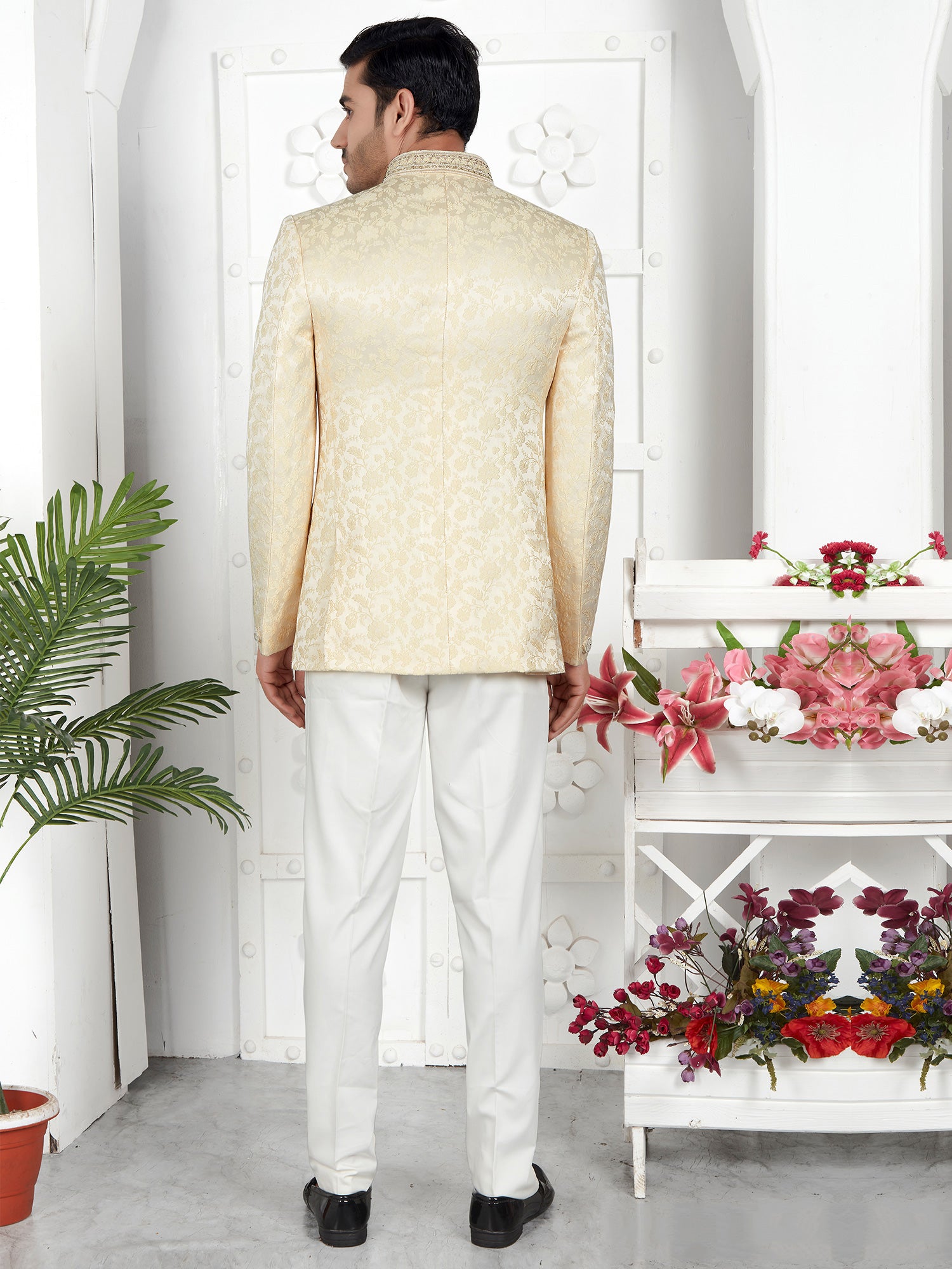 Pastel Cream Jodhpuri Set In Jacquard For Mens