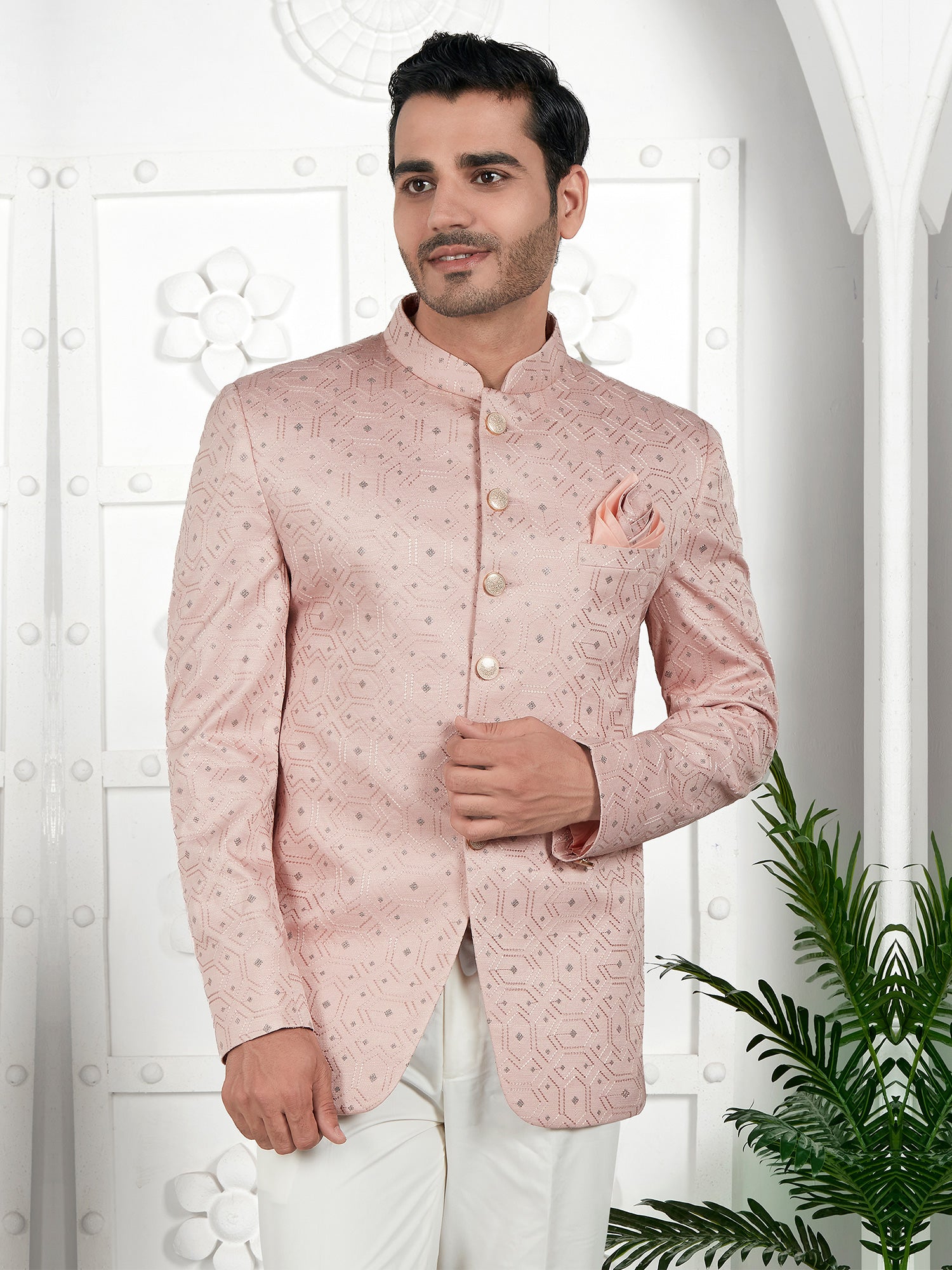 Mauve Pink Thread Work Bandhgala Suit In Art Silk