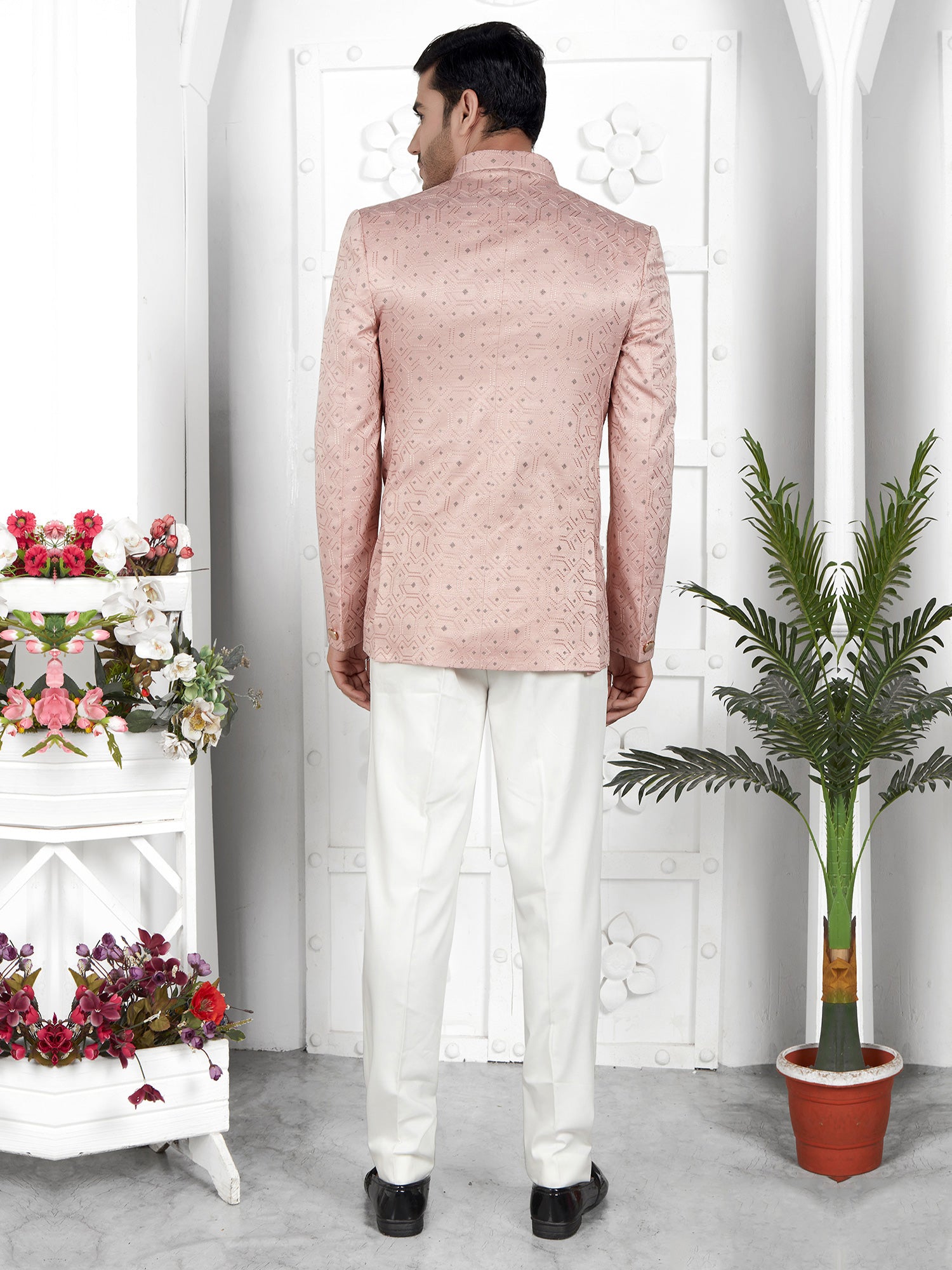Mauve Pink Thread Work Bandhgala Suit In Art Silk