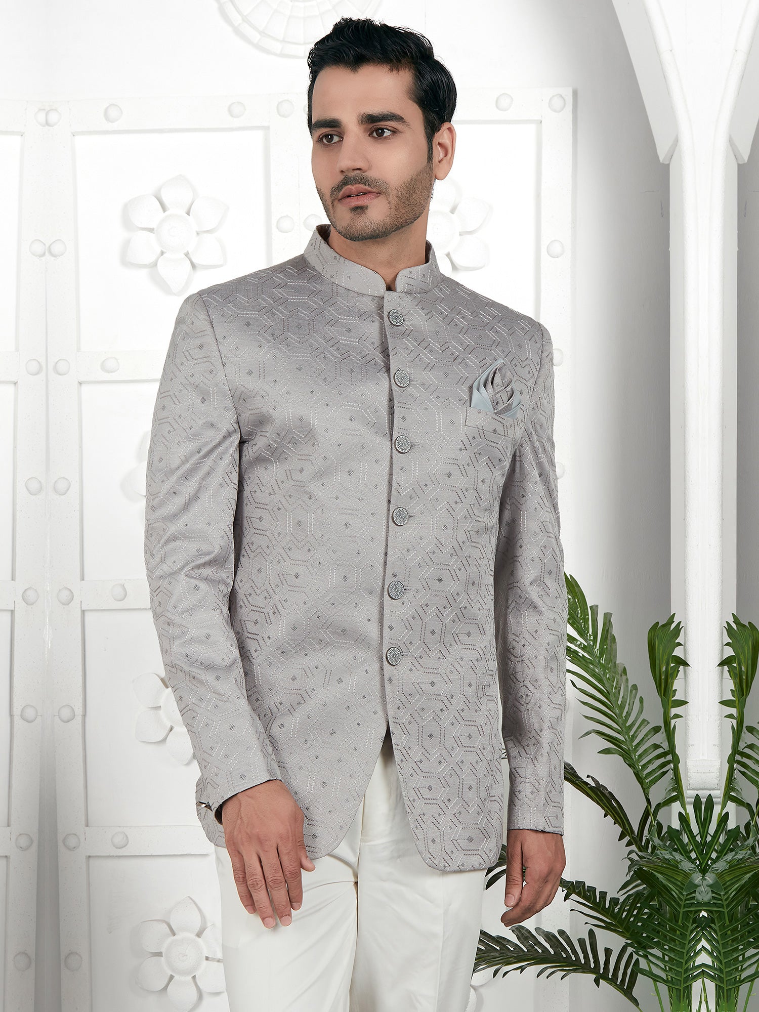 Grey Art Silk Thread Work Mens Jodhpuri Set