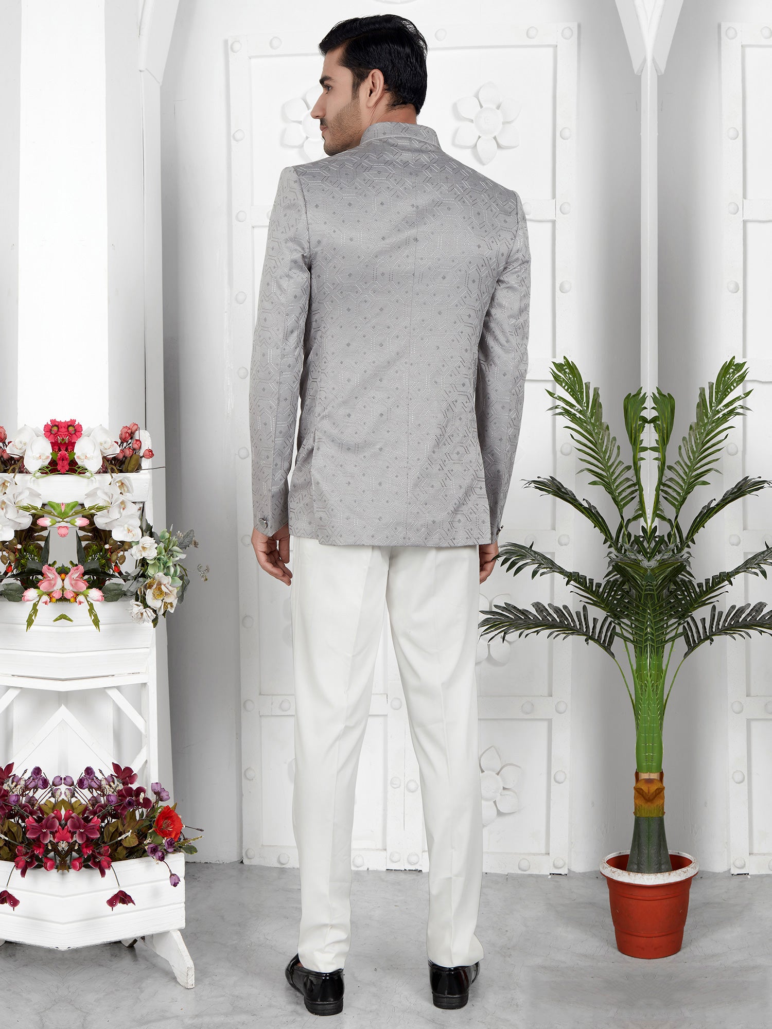 Grey Art Silk Thread Work Mens Jodhpuri Set