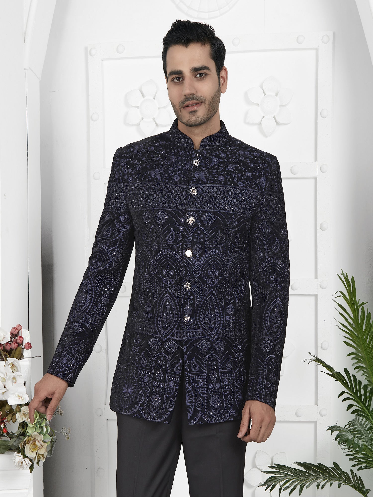 Black Velvet Thread Embroidered Bandhgala Suit For Men