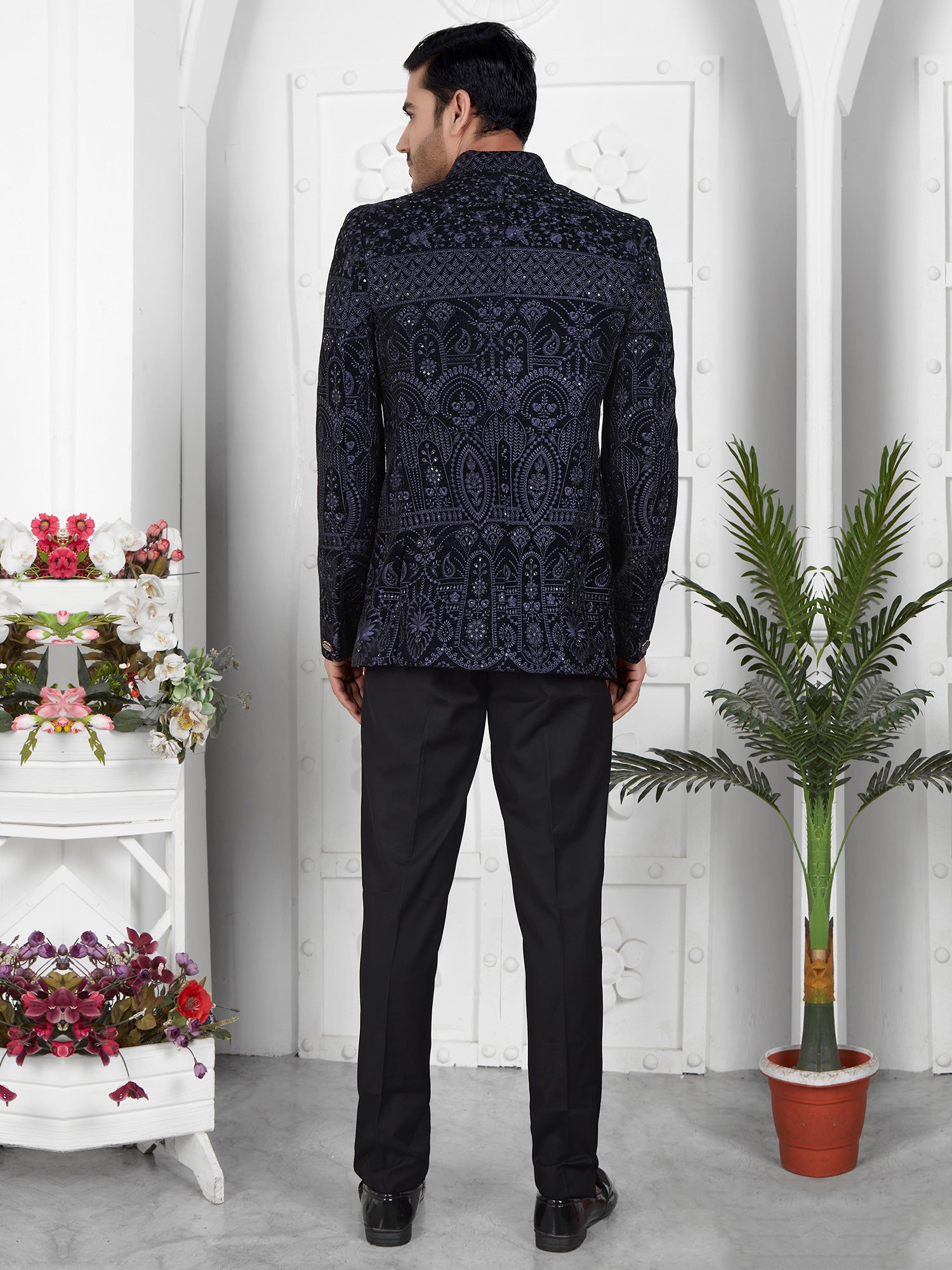 Black Velvet Thread Embroidered Bandhgala Suit For Men