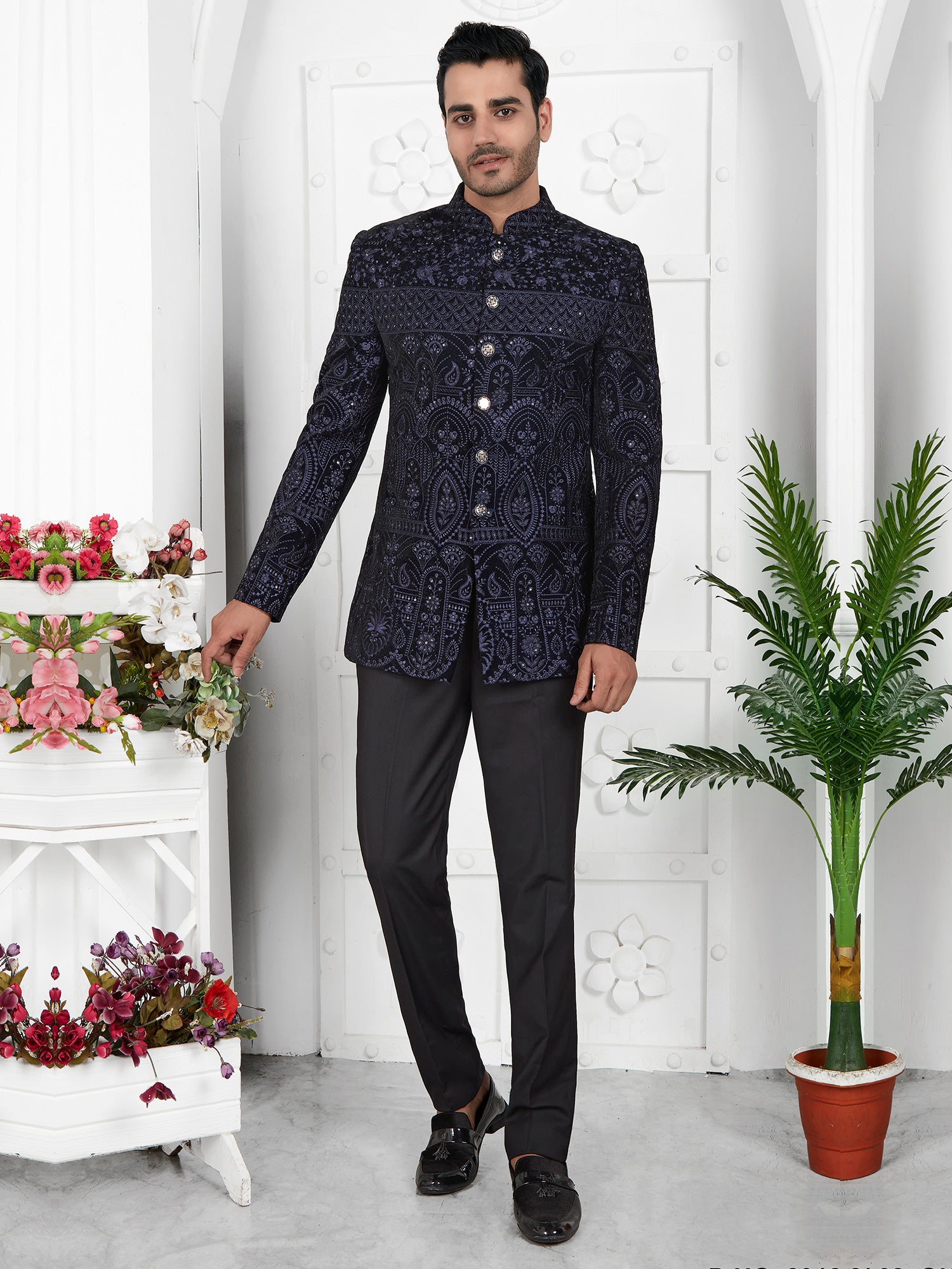 Black Velvet Thread Embroidered Bandhgala Suit For Men
