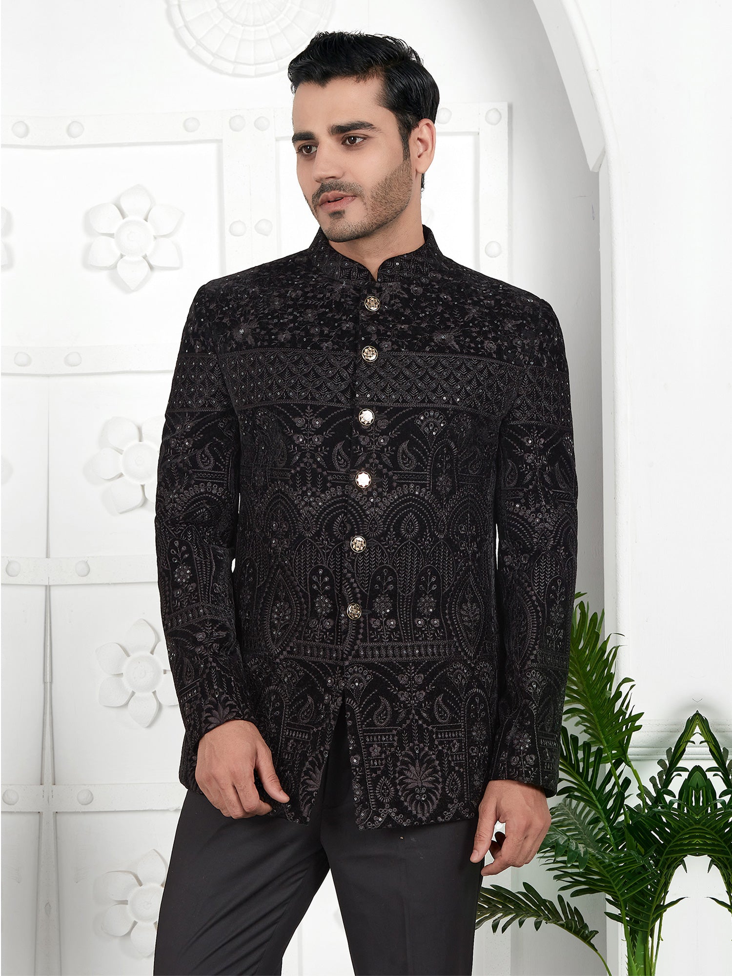 Black Thread Embellished Jodhpuri Set In Velvet