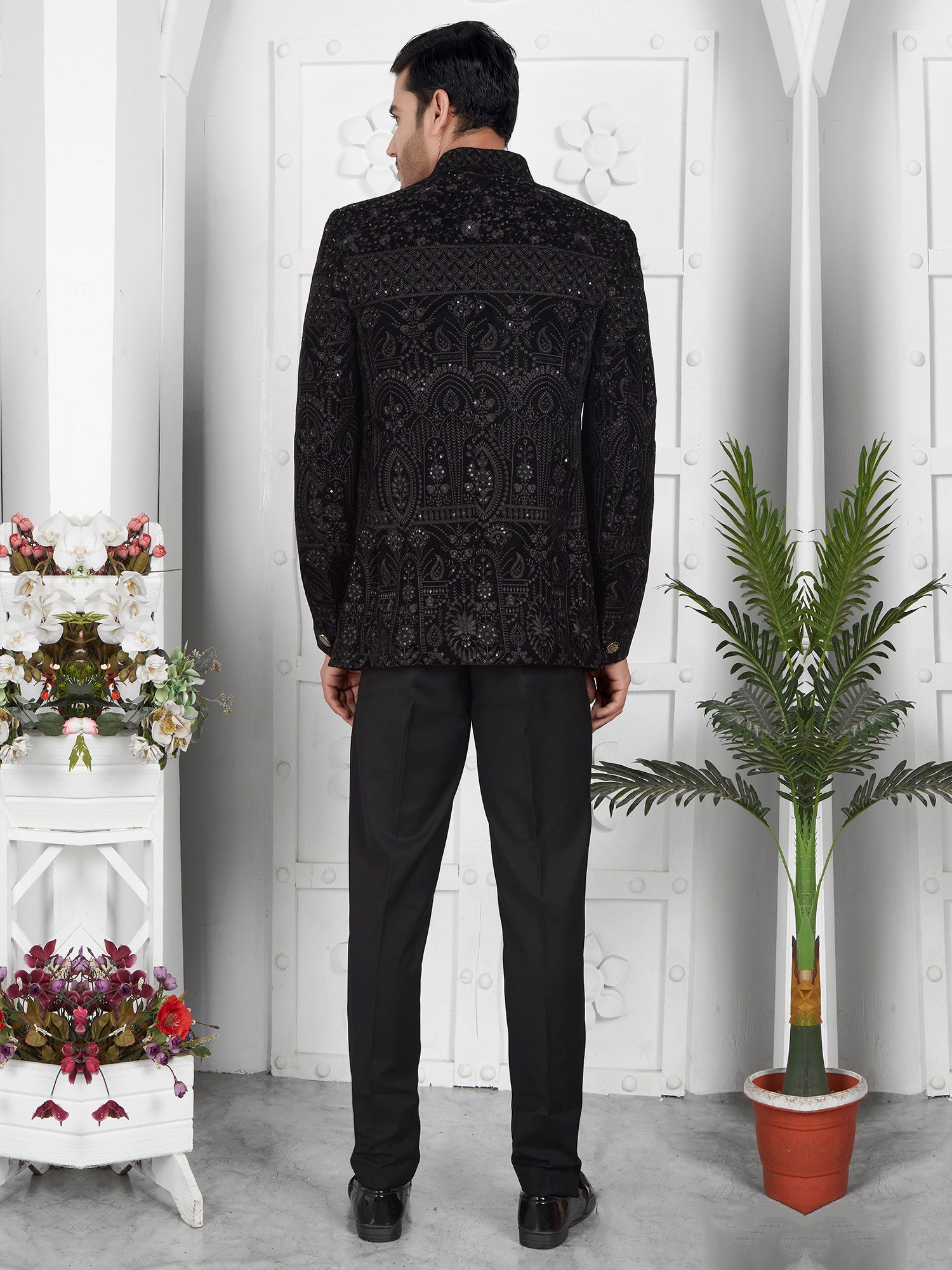 Black Thread Embellished Jodhpuri Set In Velvet