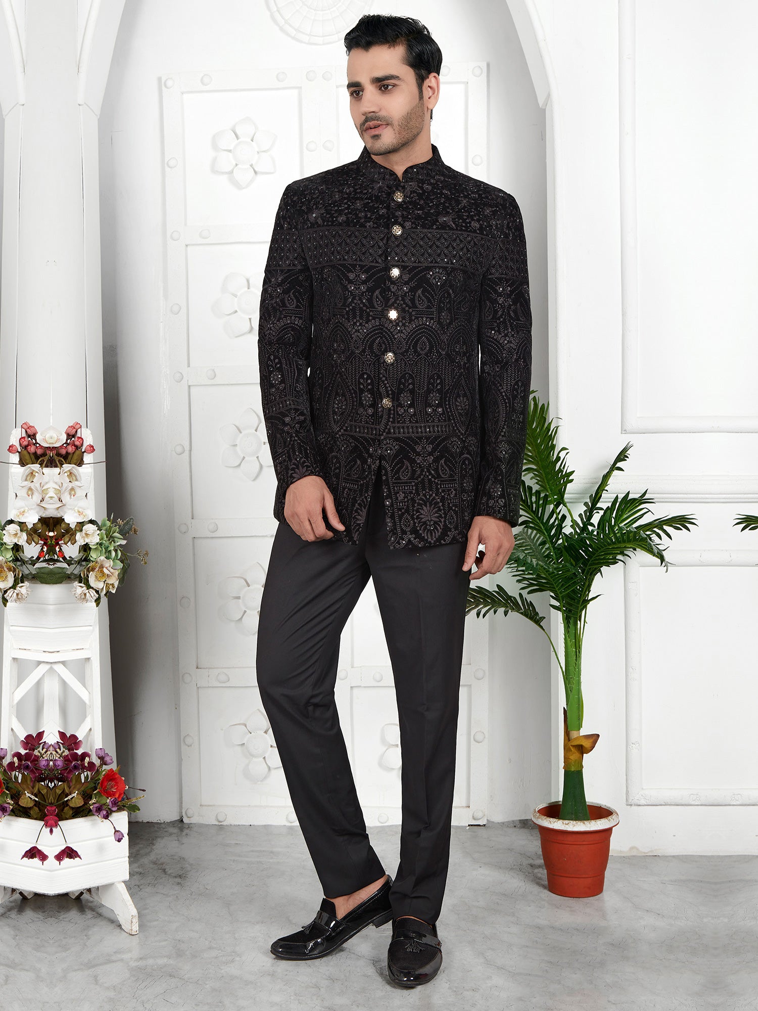 Black Thread Embellished Jodhpuri Set In Velvet