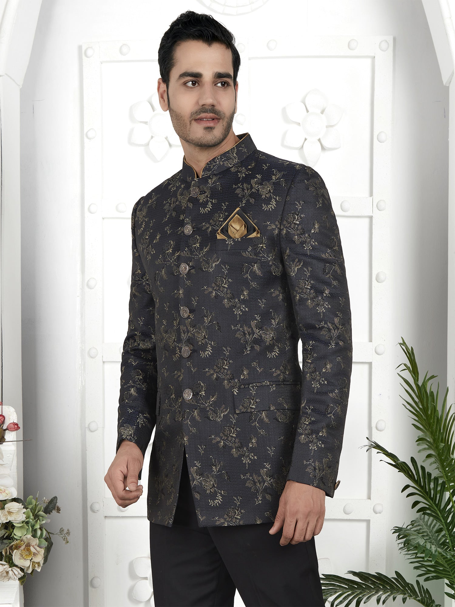 Black Floral Woven Jacquard Jodhpuri Set