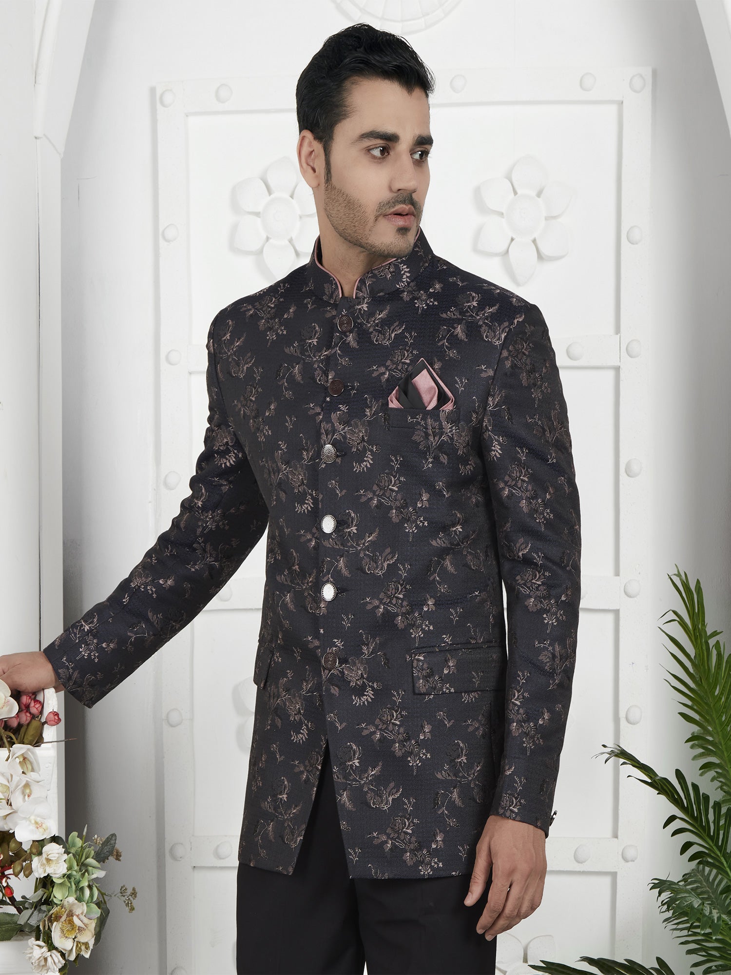 Black Mens Bandhgala For Men In Jacquard