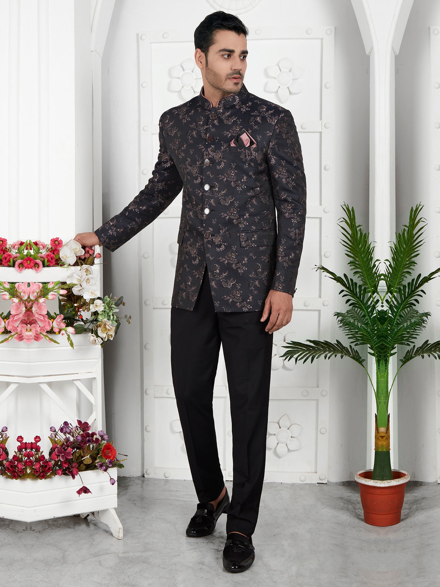 Black Mens Bandhgala For Men In Jacquard