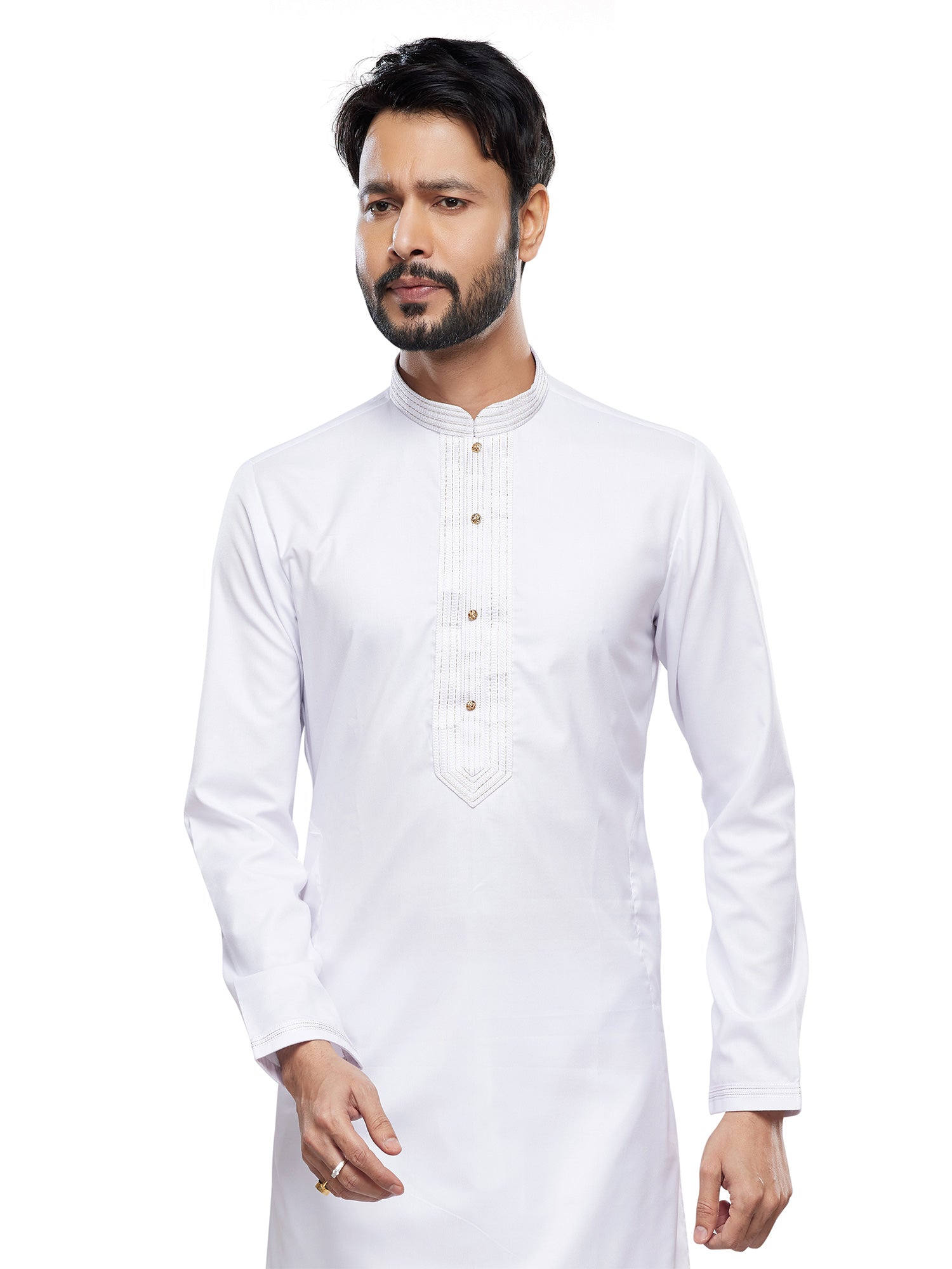 White Readymade Mens Kurta Pyjama In Silk