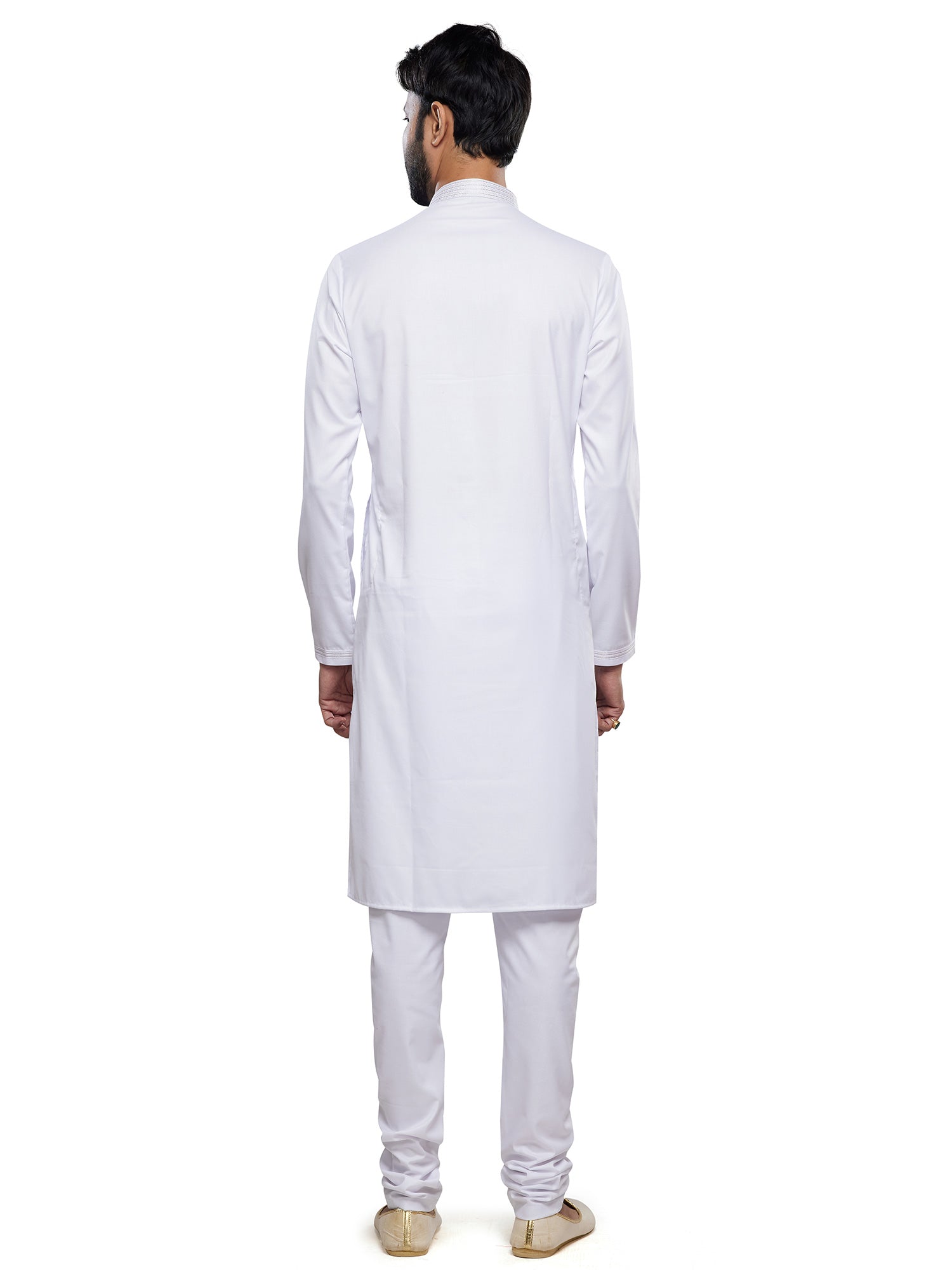 White Readymade Mens Kurta Pyjama In Silk