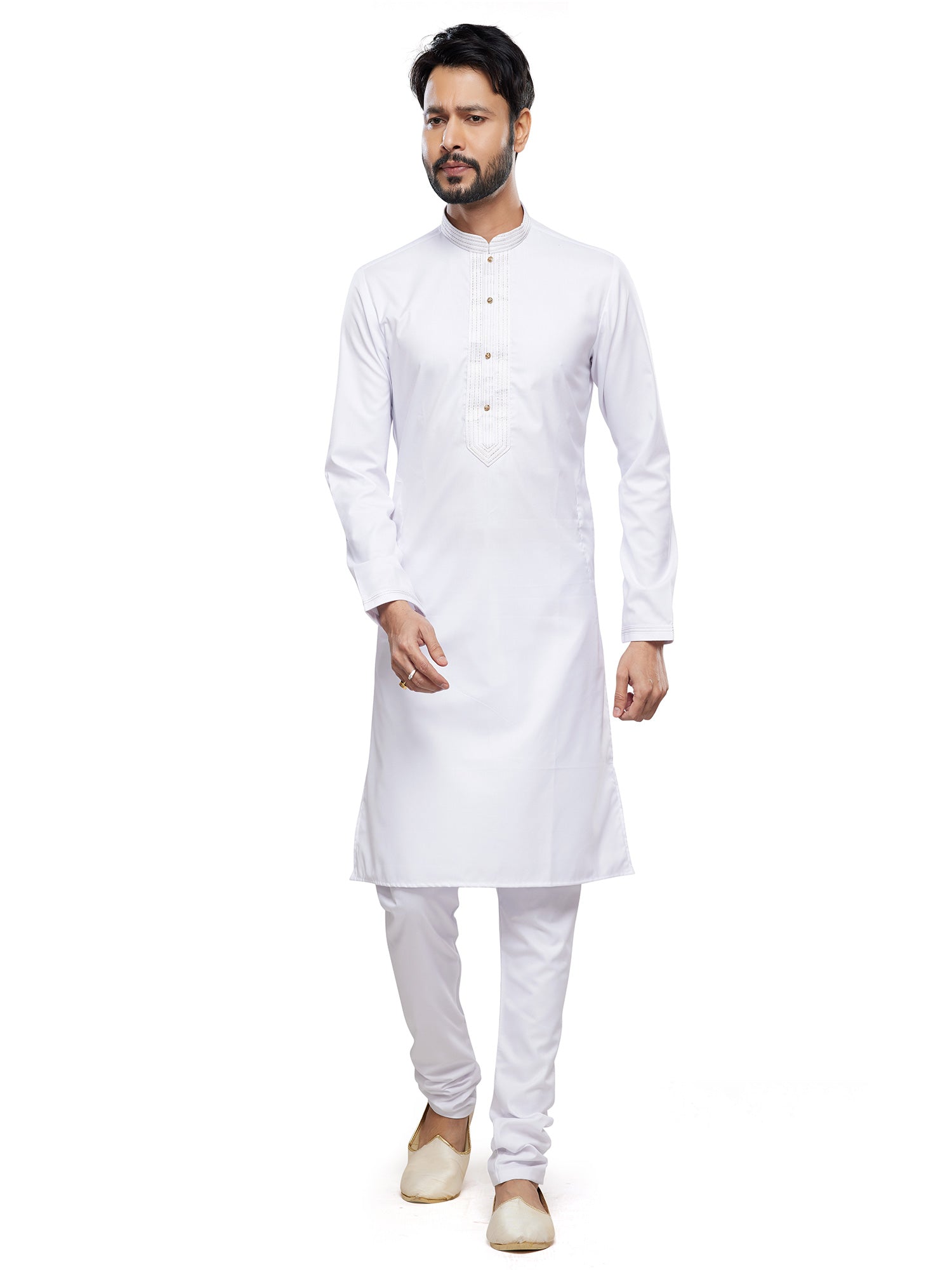 White Readymade Mens Kurta Pyjama In Silk