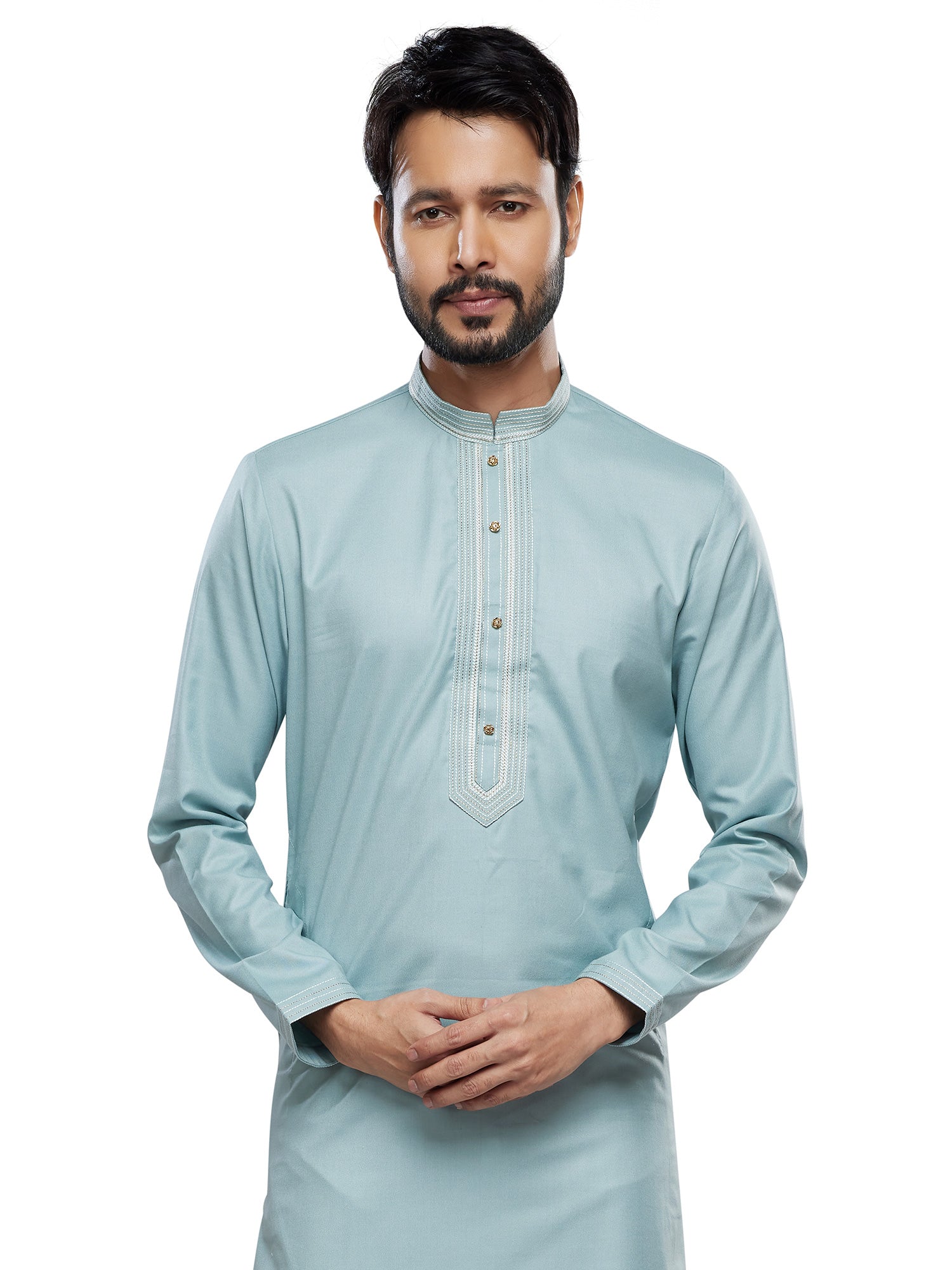 Light Blue Mens Kurta Pyjama Readymade Set In Silk
